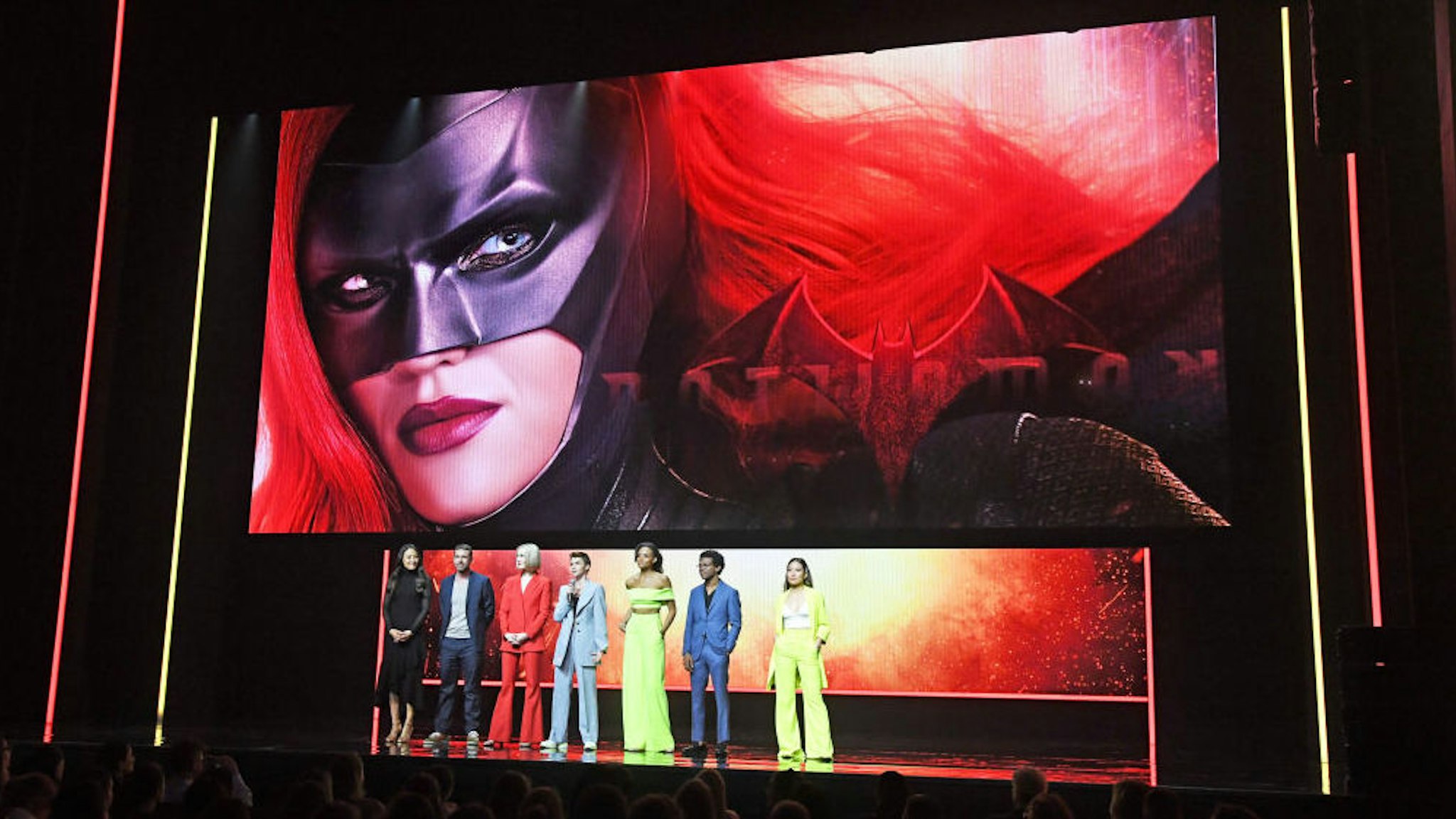 Elizabeth Anweis, Rachel Skarsten, Ruby Rose, Meagan Tandy, Camrus Johnson, and Nicole Kang of "Batwoman" speak onstage during the The CW Network 2019 Upfronts at New York City Center on May 16, 2019 in New York City. (Photo by Kevin Mazur/Getty Images for The CW Network)