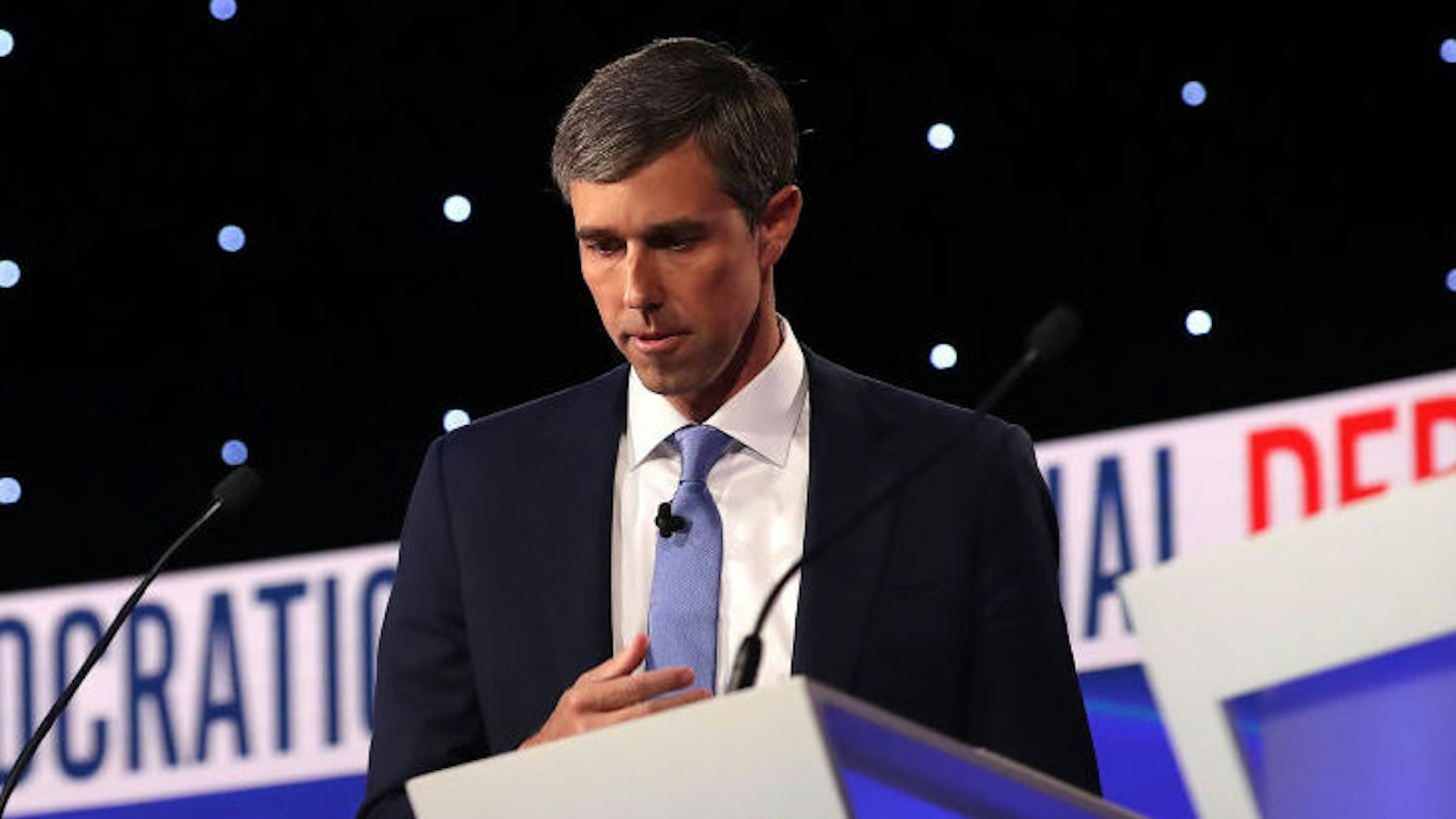 WESTERVILLE, OHIO - OCTOBER 15: Former Texas congressman Beto O'Rourke looks down during a break at the Democratic Presidential Debate at Otterbein University on October 15, 2019 in Westerville, Ohio. A record 12 presidential hopefuls are participating in the debate hosted by CNN and The New York Times. (