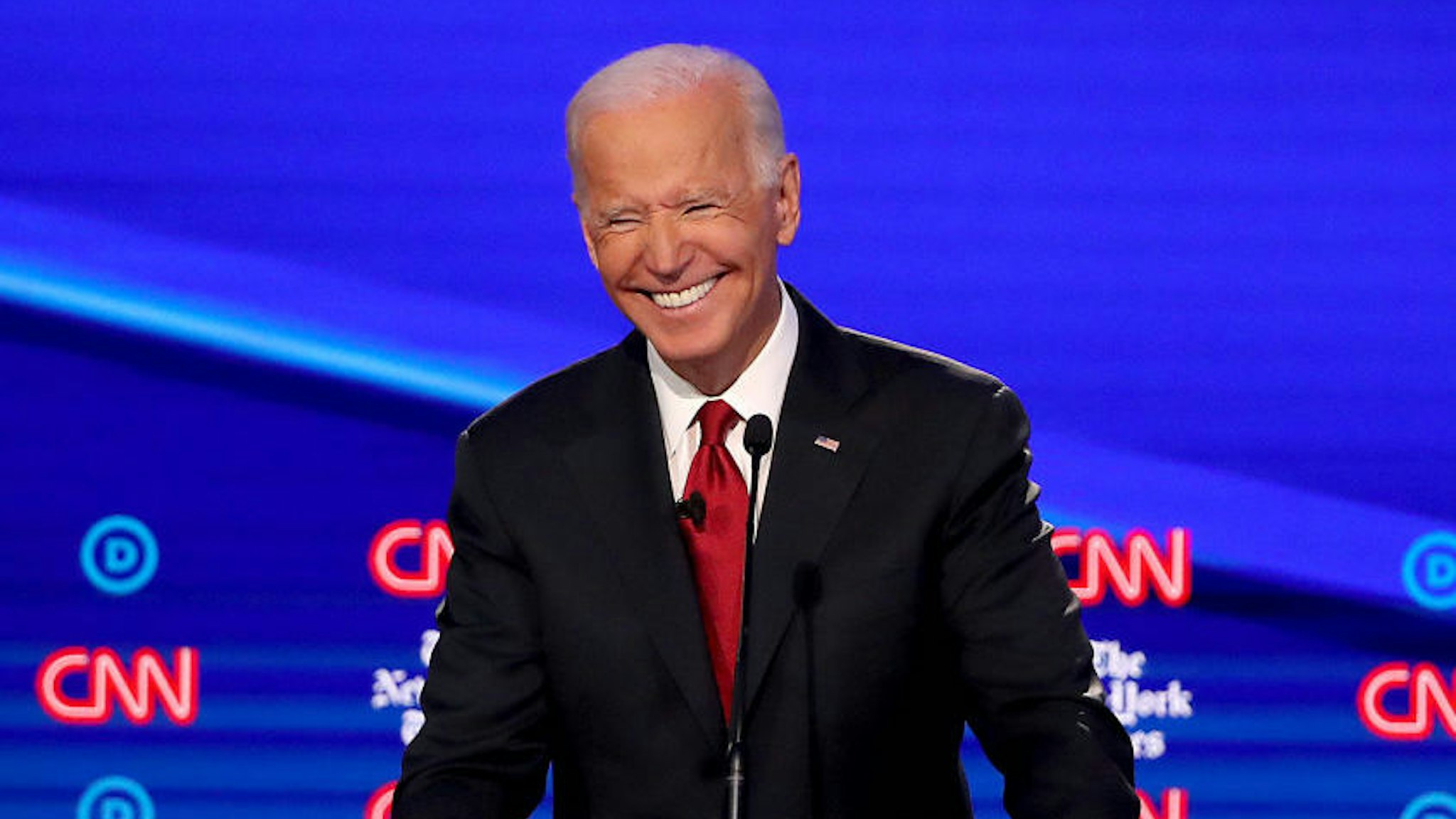 WESTERVILLE, OHIO - OCTOBER 15: Former Vice President Joe Biden smiles during the Democratic Presidential Debate at Otterbein University on October 15, 2019 in Westerville, Ohio. A record 12 presidential hopefuls are participating in the debate hosted by CNN and The New York Times.