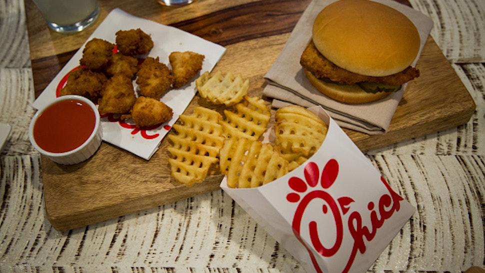 Chicken nuggets, french fries, and a fried chicken sandwich are arranged for a photograph during an event ahead of the grand opening for a Chick-fil-A restaurant in New York, U.S., on Friday, Oct. 2, 2015. Chick-fil-A, the Southern chicken-sandwich chain that has drawn both controversy and copycats over the years, has finally arrived in New York. The company will open a 5,000-square-foot (465-square-meter), three-level restaurant in Manhattan's Garment District that will be the chain's largest location in the nation.