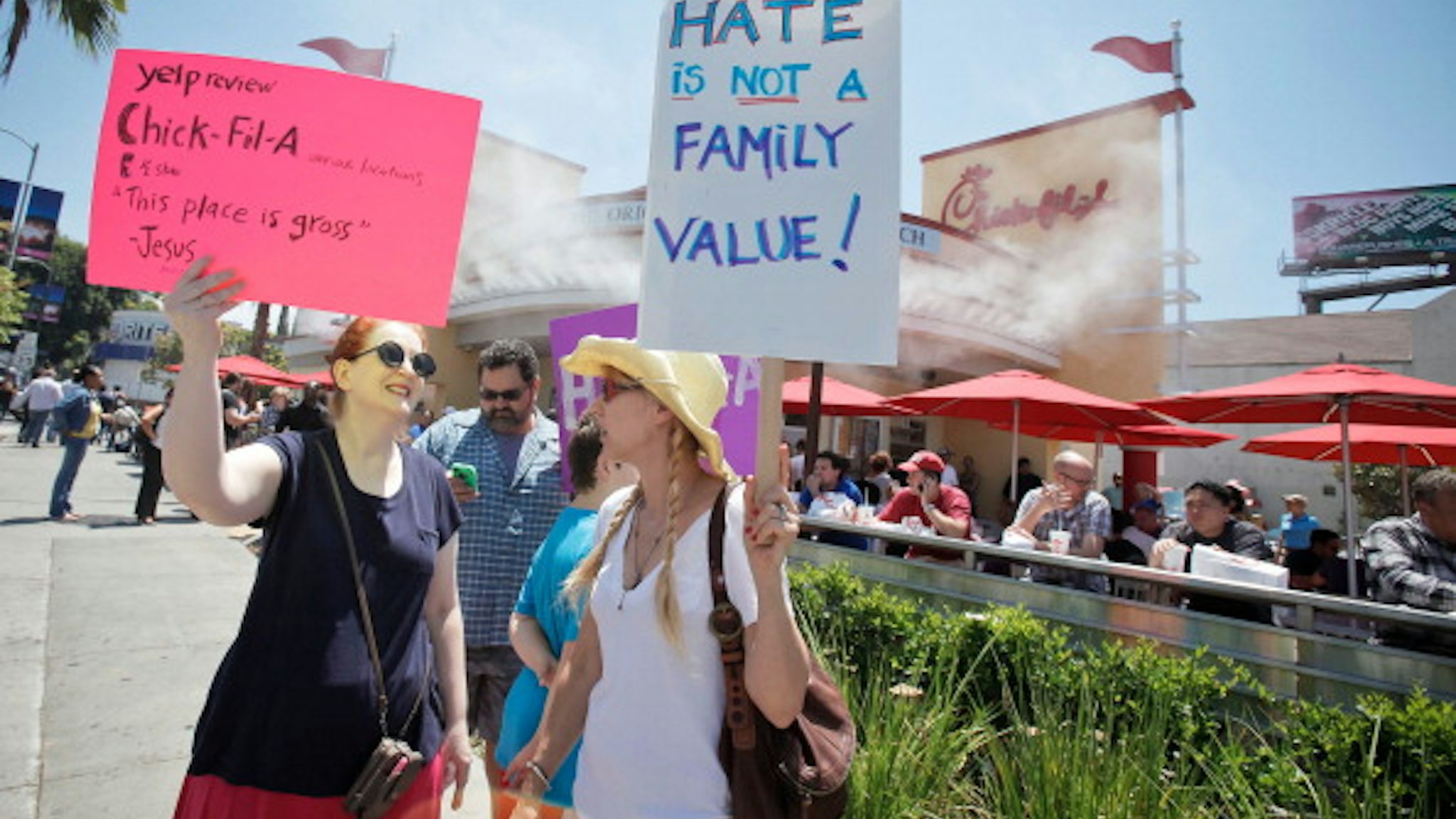 HOLLYWOOD, CA - AUGUST 01: (L-R) Jane Wilson and actress Kris McGaha attend the 'Chick-Fil-A Is Anti-Gay!' PETA and LGBT community protest at Chick-fil-A on August 1, 2012 in Hollywood, California.