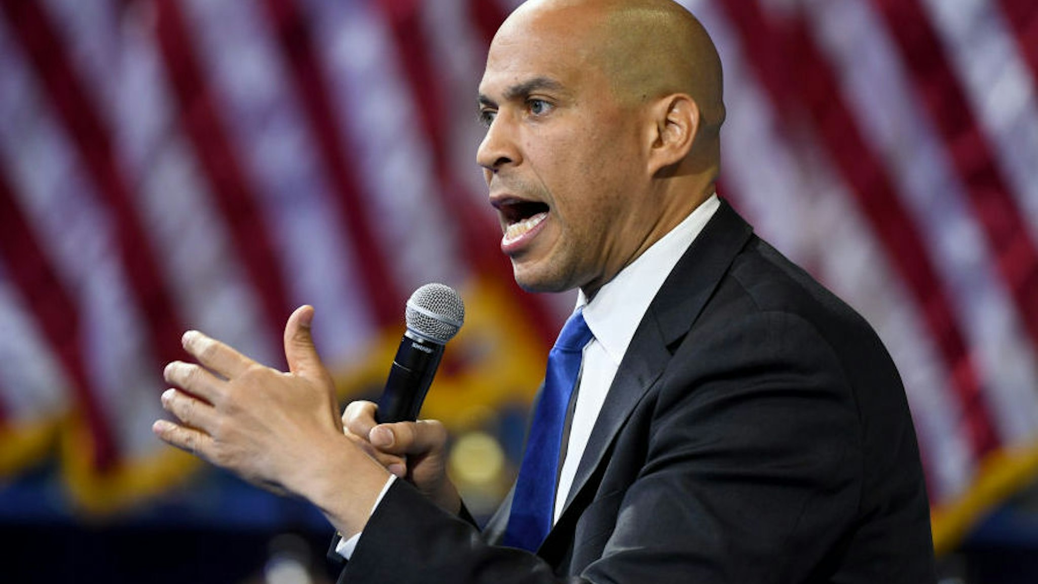 LAS VEGAS, NEVADA - OCTOBER 02: Democratic presidential candidate and U.S. Sen. Cory Booker (D-NJ) speaks during the 2020 Gun Safety Forum hosted by gun control activist groups Giffords and March for Our Lives at Enclave on October 2, 2019 in Las Vegas, Nevada. Nine Democratic candidates are taking part in the forum to address gun violence one day after the second anniversary of the massacre at the Route 91 Harvest country music festival in Las Vegas when a gunman killed 58 people in the deadliest mass shooting in recent U.S. history.
