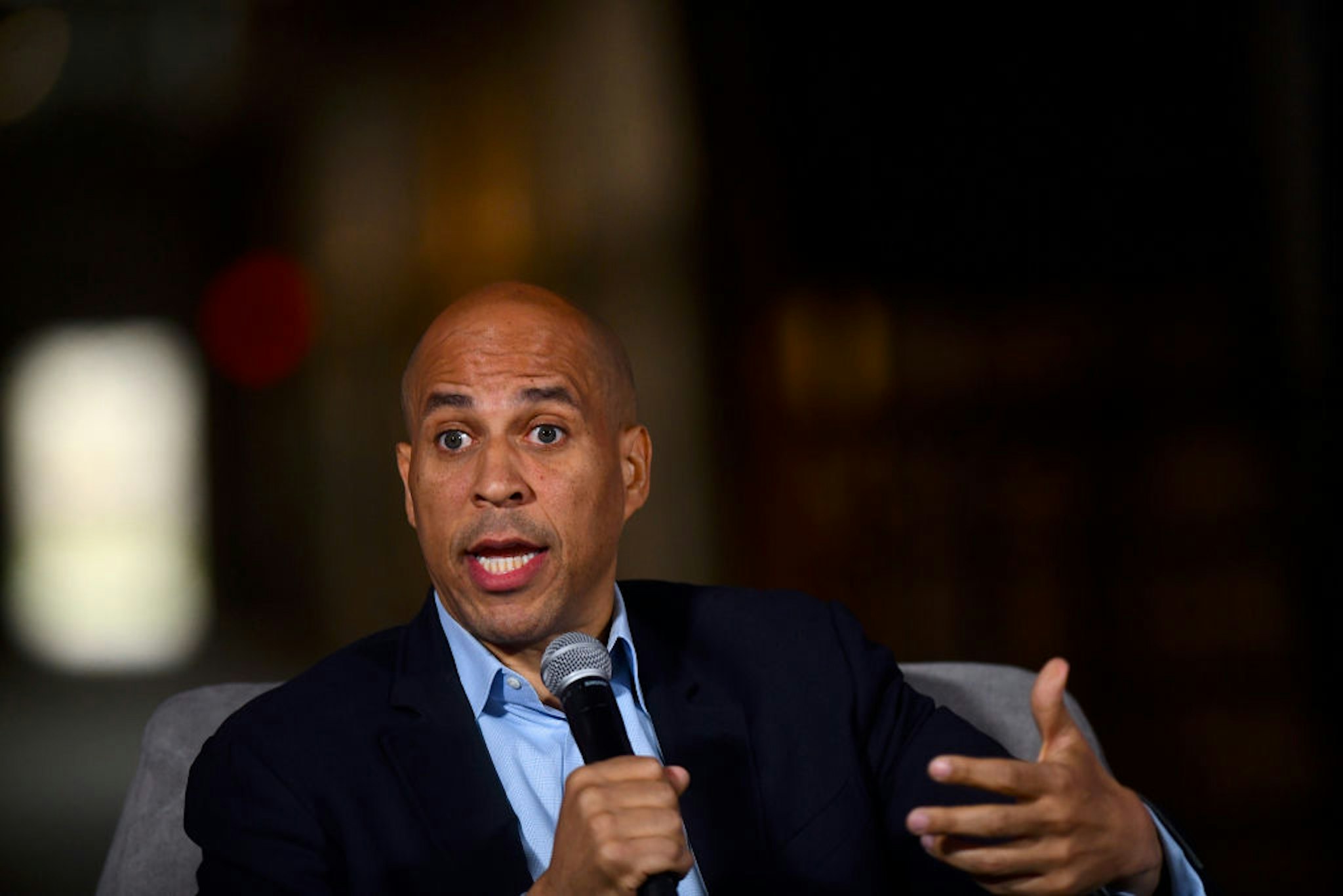 Cory Booker speaks during a town hall at the Eastern State Penitentiary