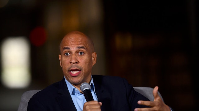 Cory Booker speaks during a town hall at the Eastern State Penitentiary