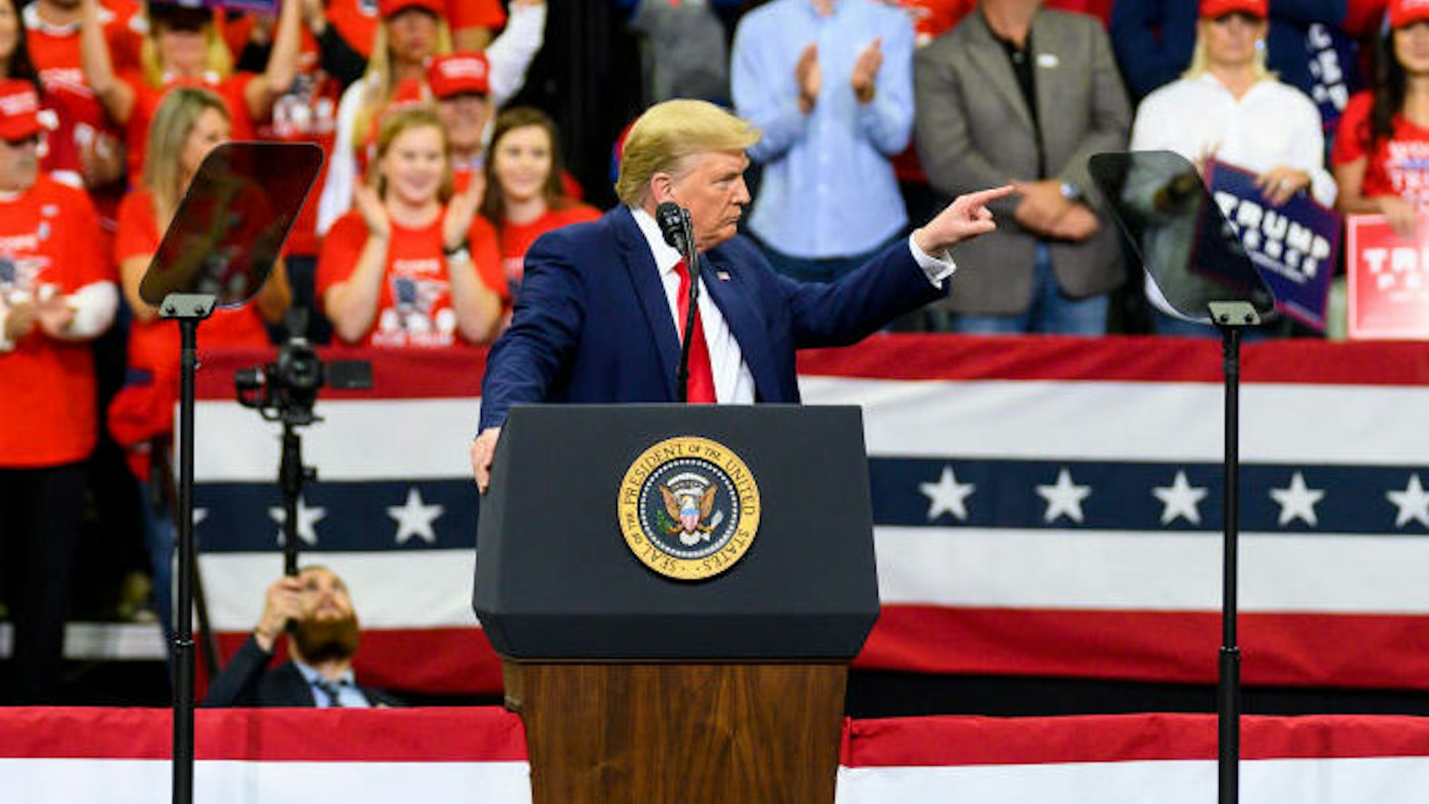U.S. President Donald Trump speaks on stage during a campaign rally at the Target Center on October 10, 2019 in Minneapolis, Minnesota. The rally follows a week of a contentious back and forth between President Trump and Minneapolis Mayor Jacob Frey. (Photo by Stephen Maturen/Getty Images)