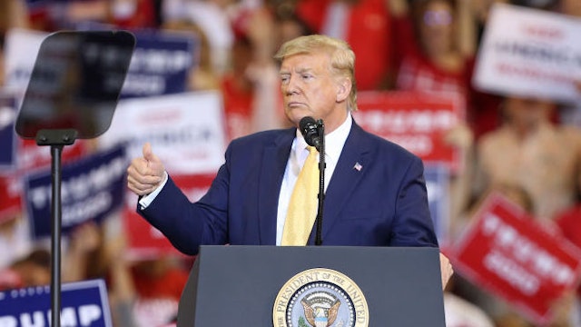 U.S. President Donald Trump speaks during a campaign rally at Sudduth Coliseum on October 11, 2019 in Lake Charles, Louisiana. (Photo by Matt Sullivan/Getty Images)