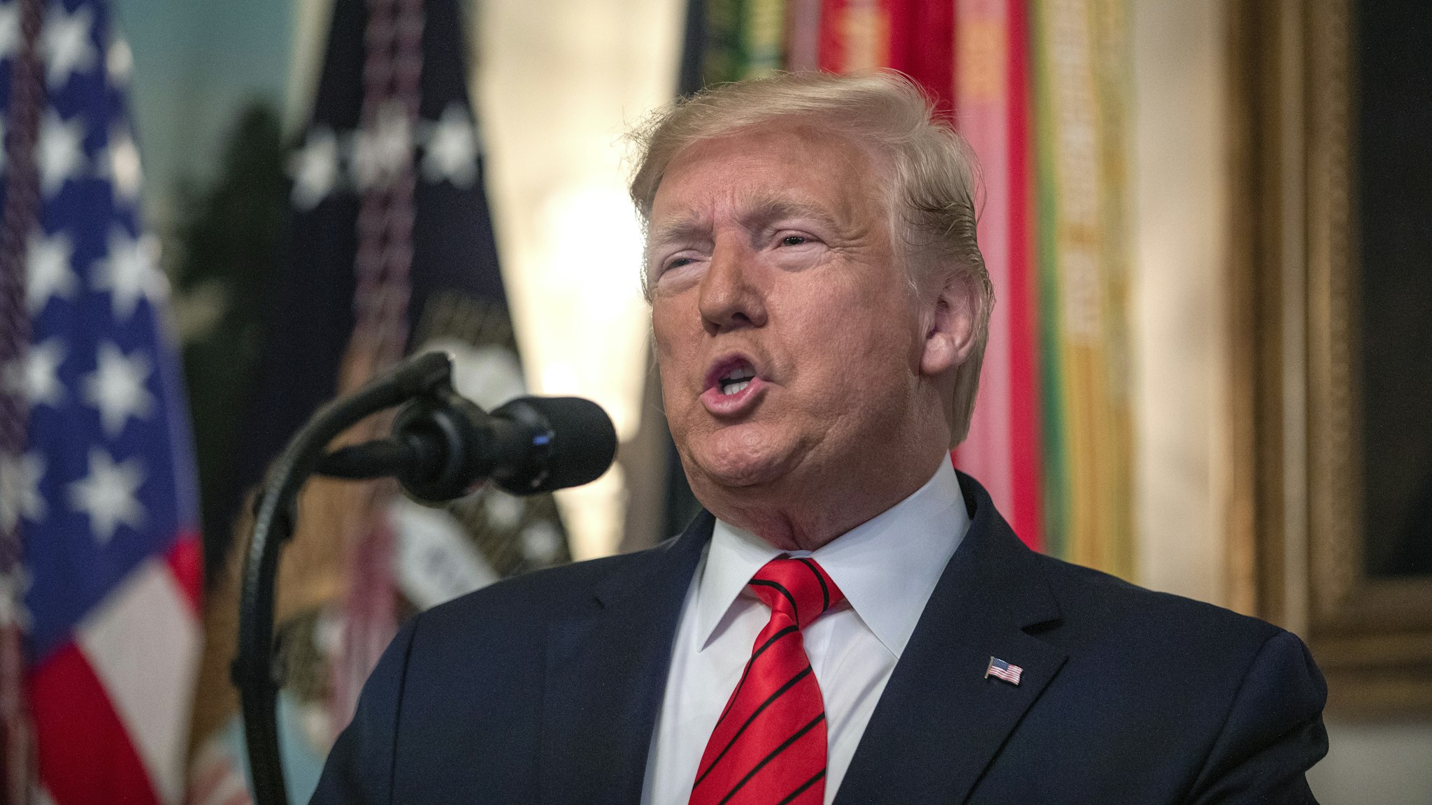 U.S. President Donald Trump makes a statement in the Diplomatic Reception Room of the White House October 27, 2019 in Washington, DC. President Trump announced that ISIS leader Abu Bakr al-Baghdadi has been killed in a military operation in northwest Syria.