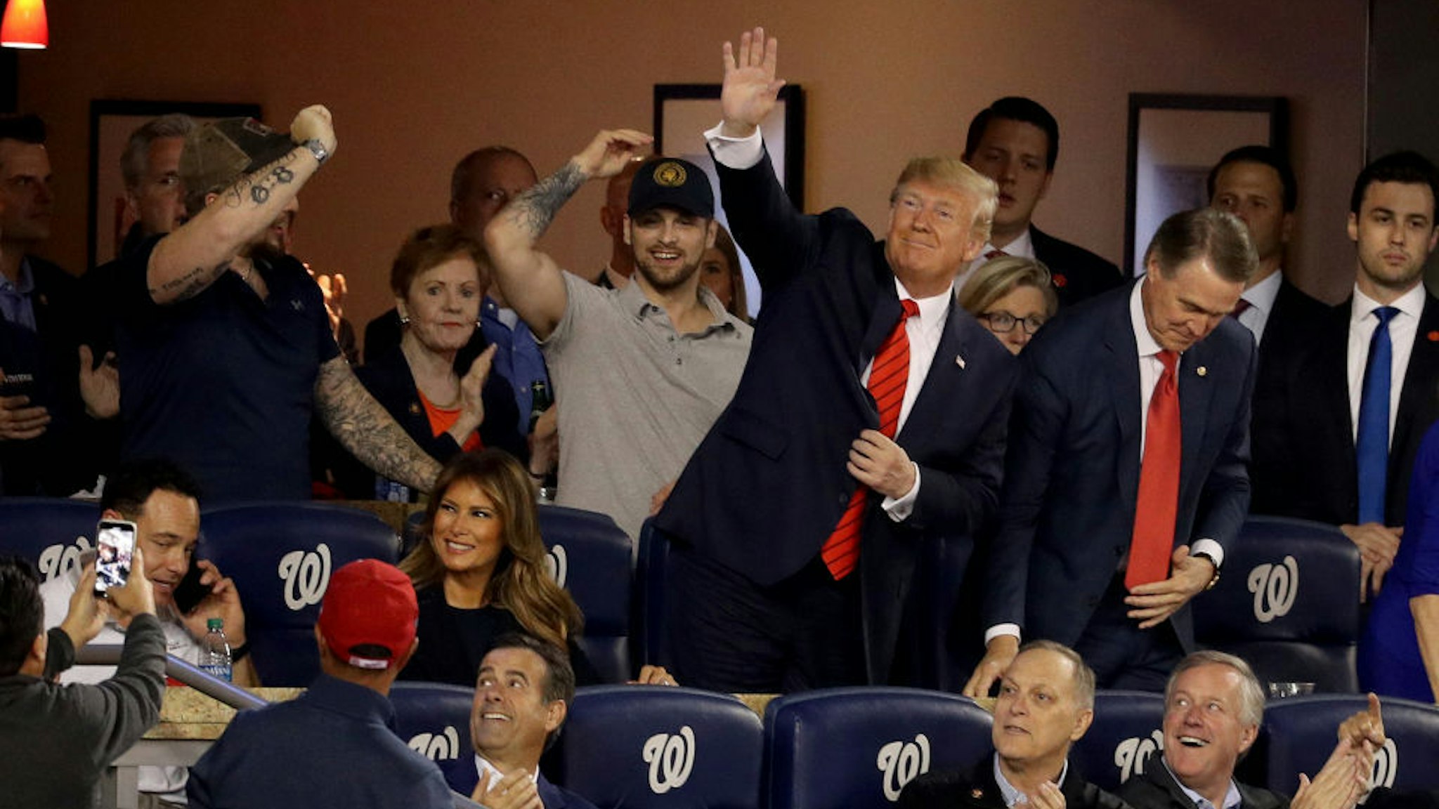 President Donald Trump attends Game Five of the 2019 World Series between the Houston Astros and the Washington Nationals at Nationals Park on October 27, 2019 in Washington, DC. (Photo by Will Newton/Getty Images)