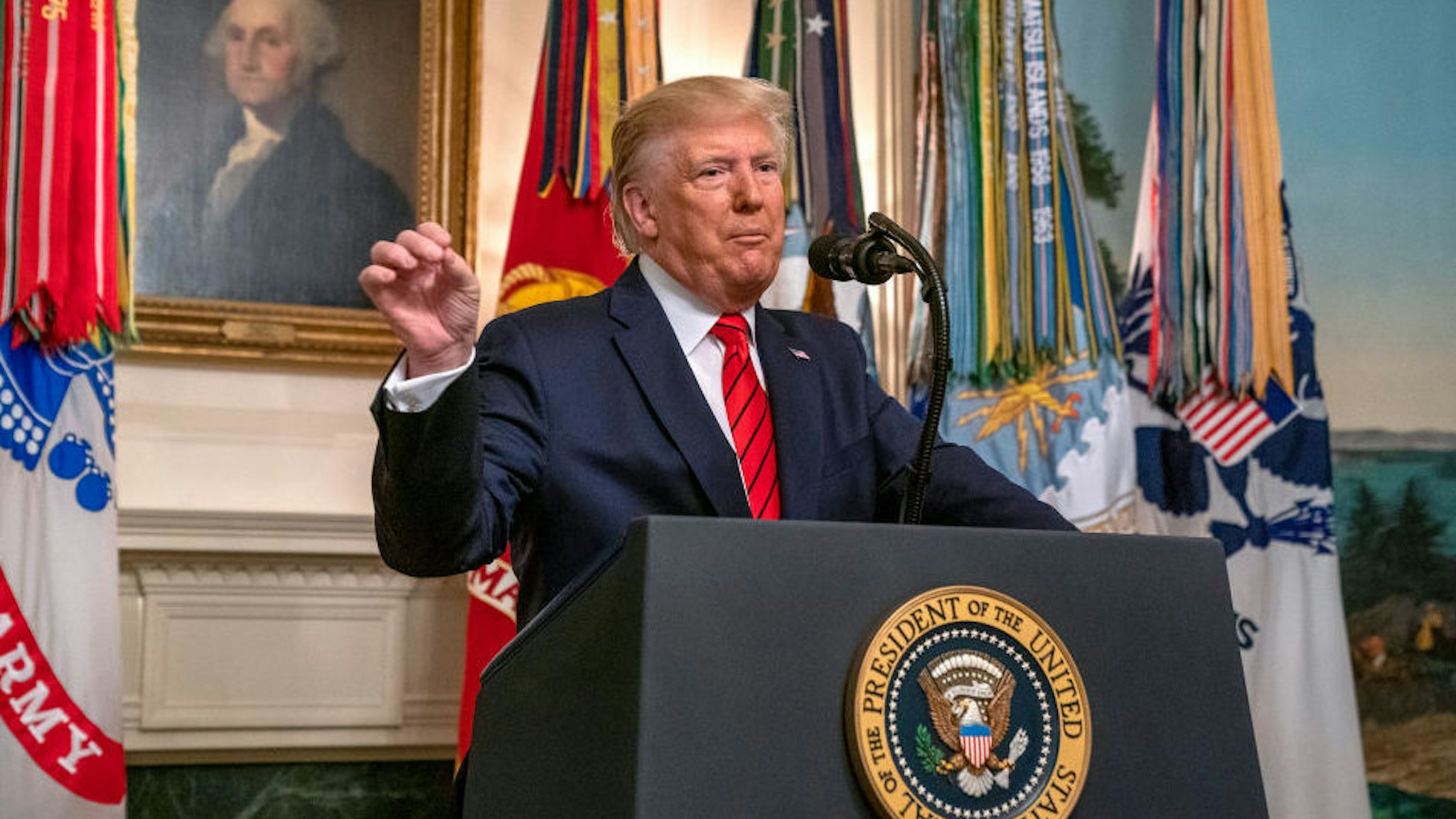 WASHINGTON, DC - OCTOBER 27: U.S. President Donald Trump makes a statement in the Diplomatic Reception Room of the White House October 27, 2019 in Washington, DC. President Trump announced that ISIS leader Abu Bakr al-Baghdadi has been killed in a military operation in northwest Syria.