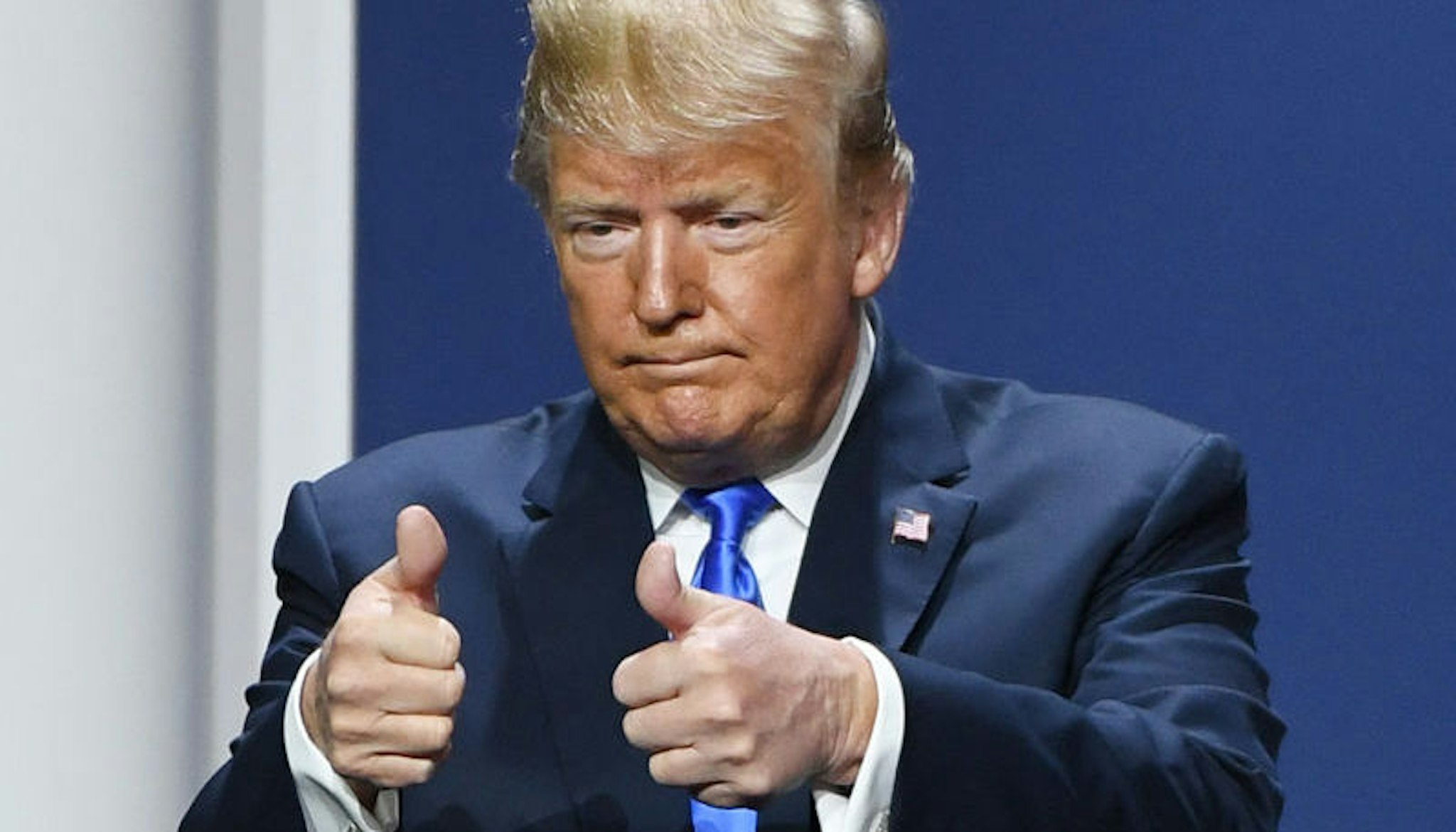U.S. President Donald Trump gestures after speaking during the Republican Jewish Coalition's annual leadership meeting at The Venetian Las Vegas on April 6, 2019 in Las Vegas, Nevada. Trump has cited his moving of the U.S. embassy in Israel to Jerusalem and his decision to pull the U.S. out of the Iran nuclear deal as reasons for Jewish voters to leave the Democratic party and support him and the GOP instead. (Photo by Ethan Miller/Getty Images)