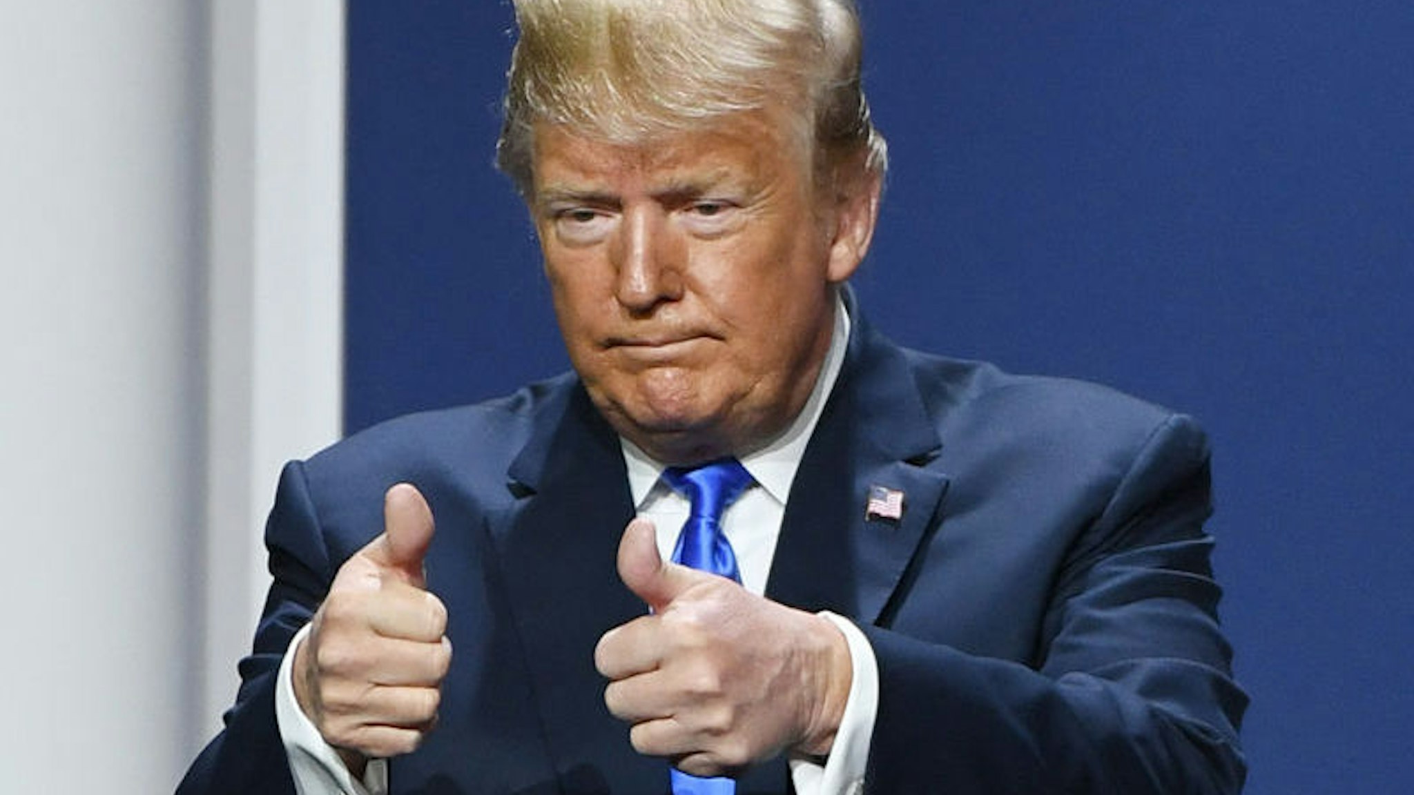 U.S. President Donald Trump gestures after speaking during the Republican Jewish Coalition's annual leadership meeting at The Venetian Las Vegas on April 6, 2019 in Las Vegas, Nevada. Trump has cited his moving of the U.S. embassy in Israel to Jerusalem and his decision to pull the U.S. out of the Iran nuclear deal as reasons for Jewish voters to leave the Democratic party and support him and the GOP instead. (Photo by Ethan Miller/Getty Images)