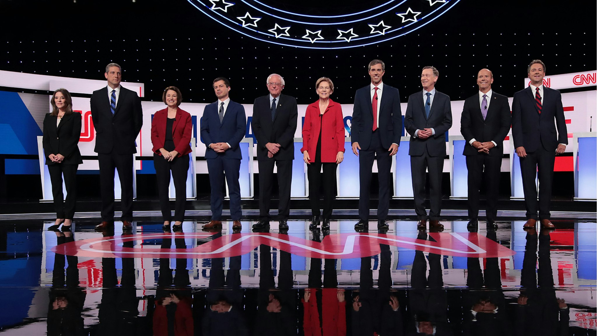 Democratic presidential candidates take the stage at the beginning of the Democratic Presidential Debate at the Fox Theatre July 30, 2019 in Detroit, Michigan.