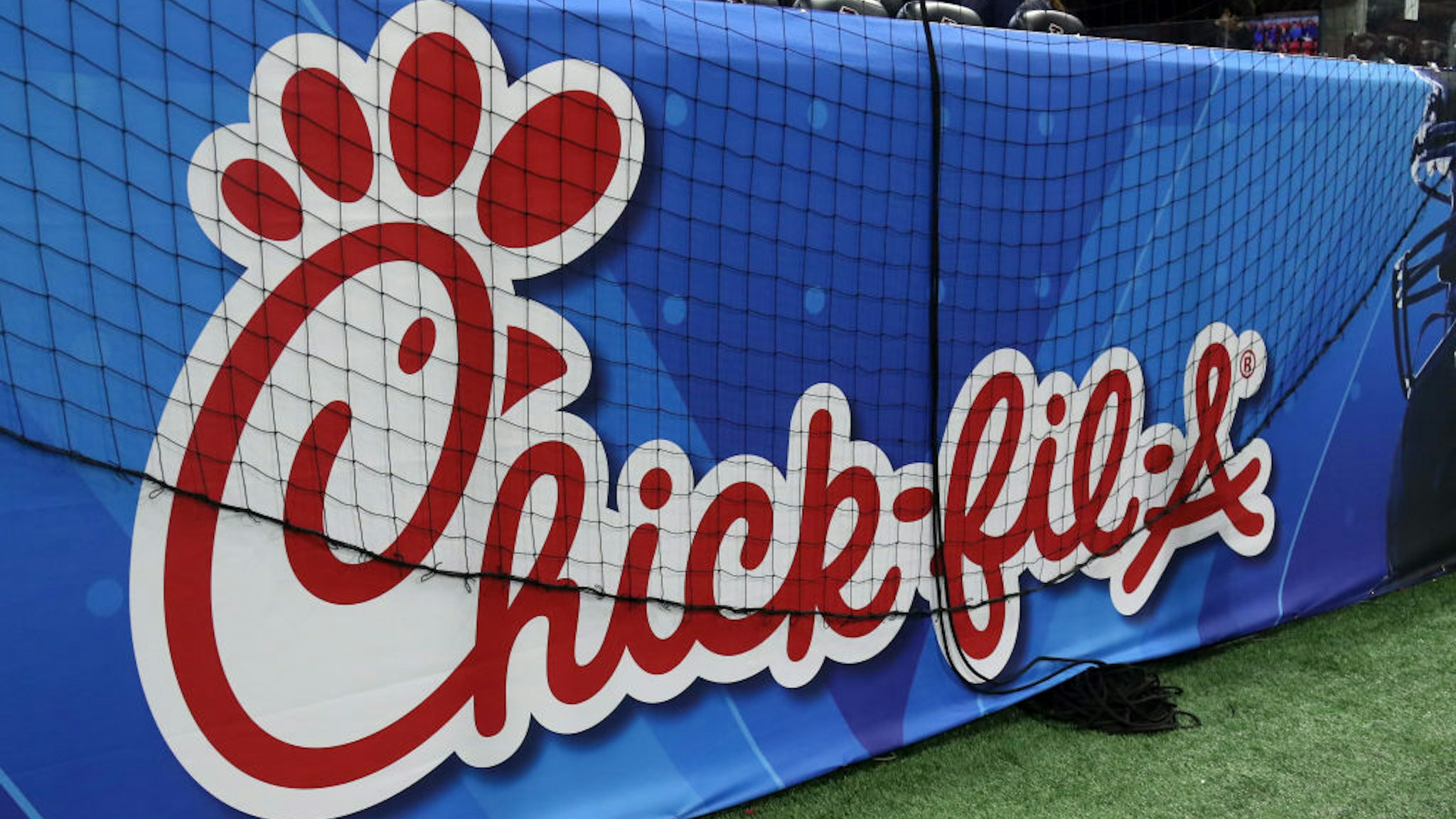 The Chick-fil-A logo is on display during the Peach Bowl between the Florida Gators and the Michigan Wolverines on December 29, 2018 at Mercedes-Benz Stadium in Atlanta, Georgia.