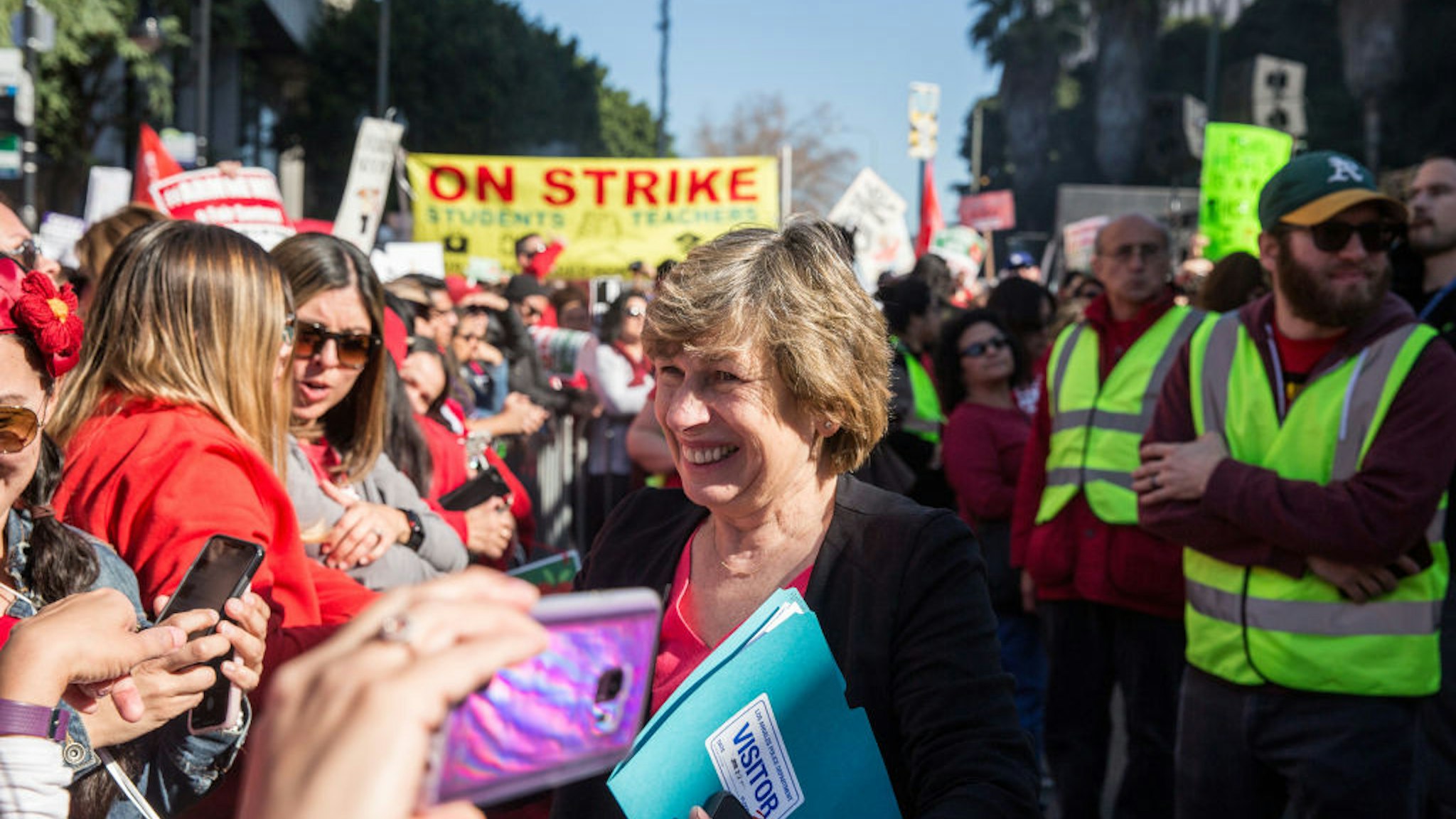 American Federation of Teachers president Randi Weingarten greets a crowd of striking teachers in Grand Park on January 22, 2019 in downtown Los Angeles, California.