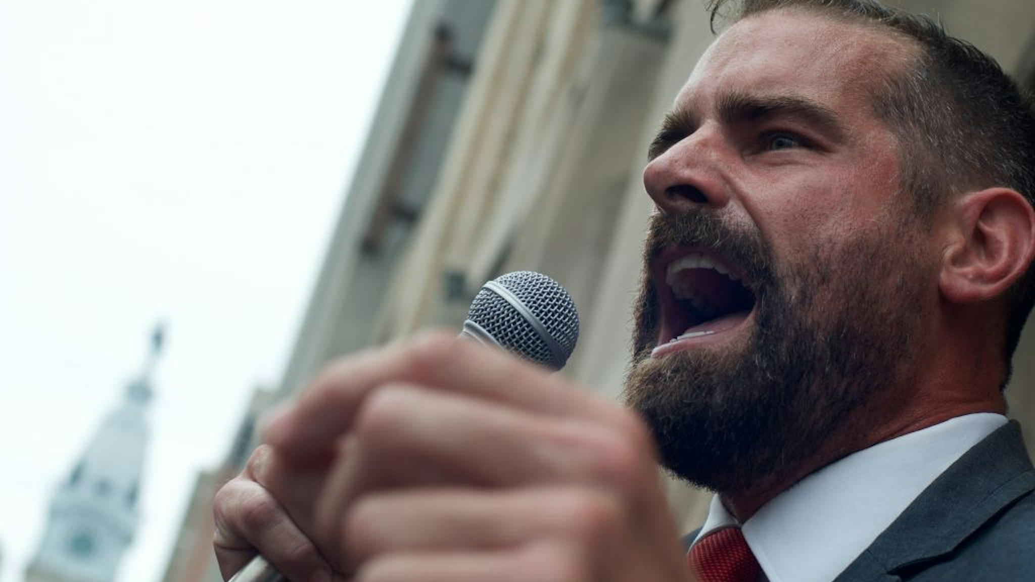 tate Representative Brian Simms (D) speaks during a rally with Bernie2020 campaign co-chair Sen. Nina Turner, hospital workers and local Democratic politicians outside Hahnemann University Hospital at a rally outside the Center City facilities in Philadelphia, PA on July 11, 2019.