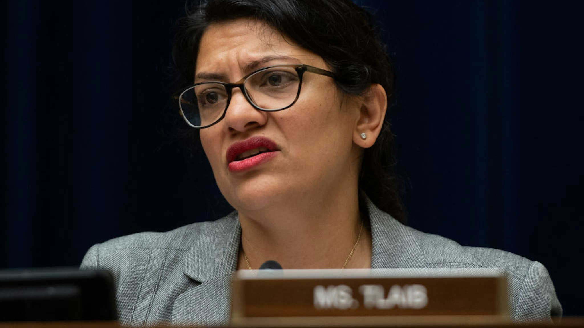 US Representative Rashida Tlaib, Democrat of Michigan, questions US Acting Secretary of Homeland Security Kevin McAleenan during a House Oversight and Reform Committee hearing on Capitol Hill in Washington, DC, July 18, 2019.