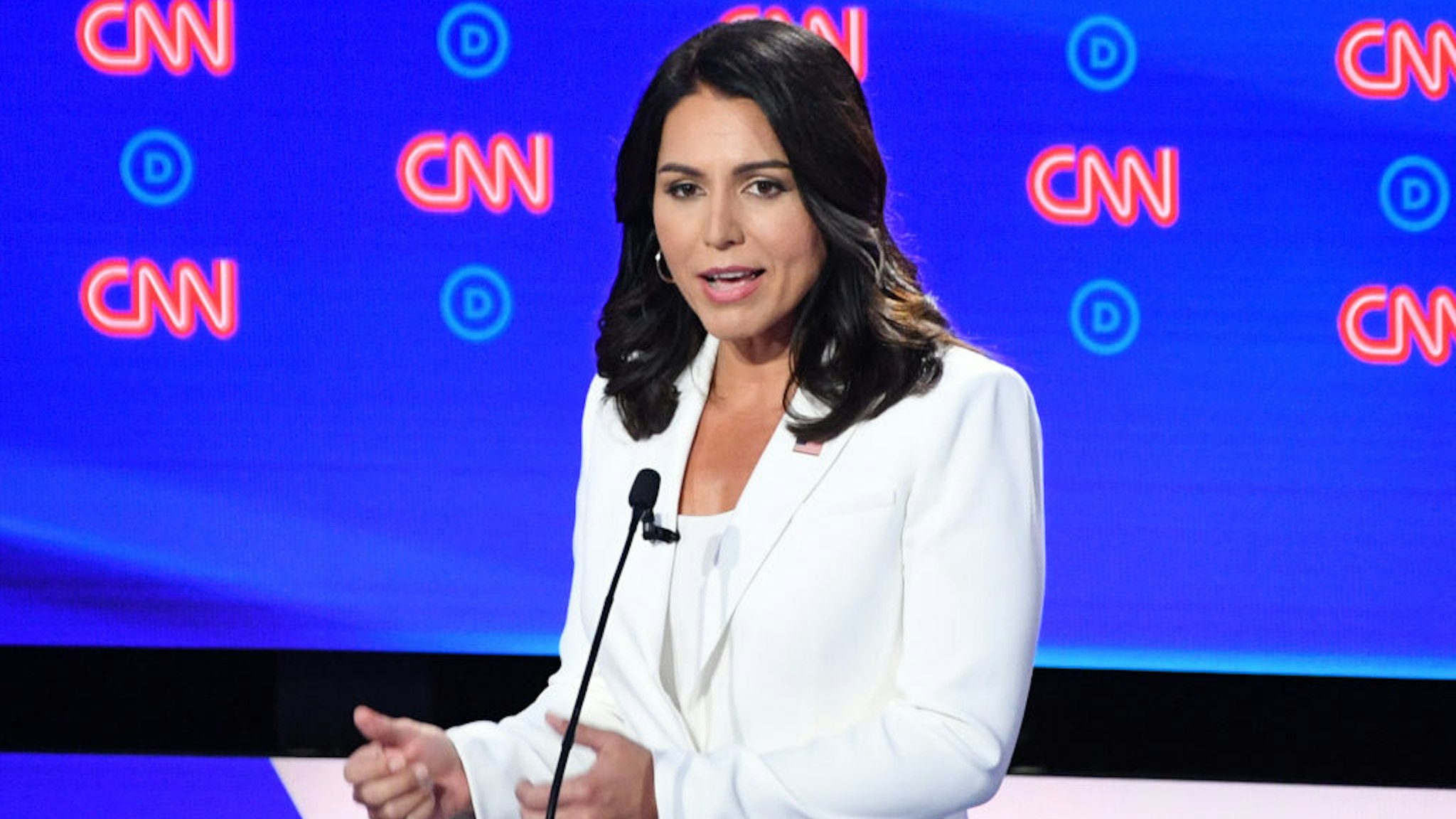 Democratic presidential hopeful US Representative for Hawaii's 2nd congressional district Tulsi Gabbard speaks during the second round of the second Democratic primary debate of the 2020 presidential campaign season hosted by CNN at the Fox Theatre in Detroit, Michigan on July 31, 2019.