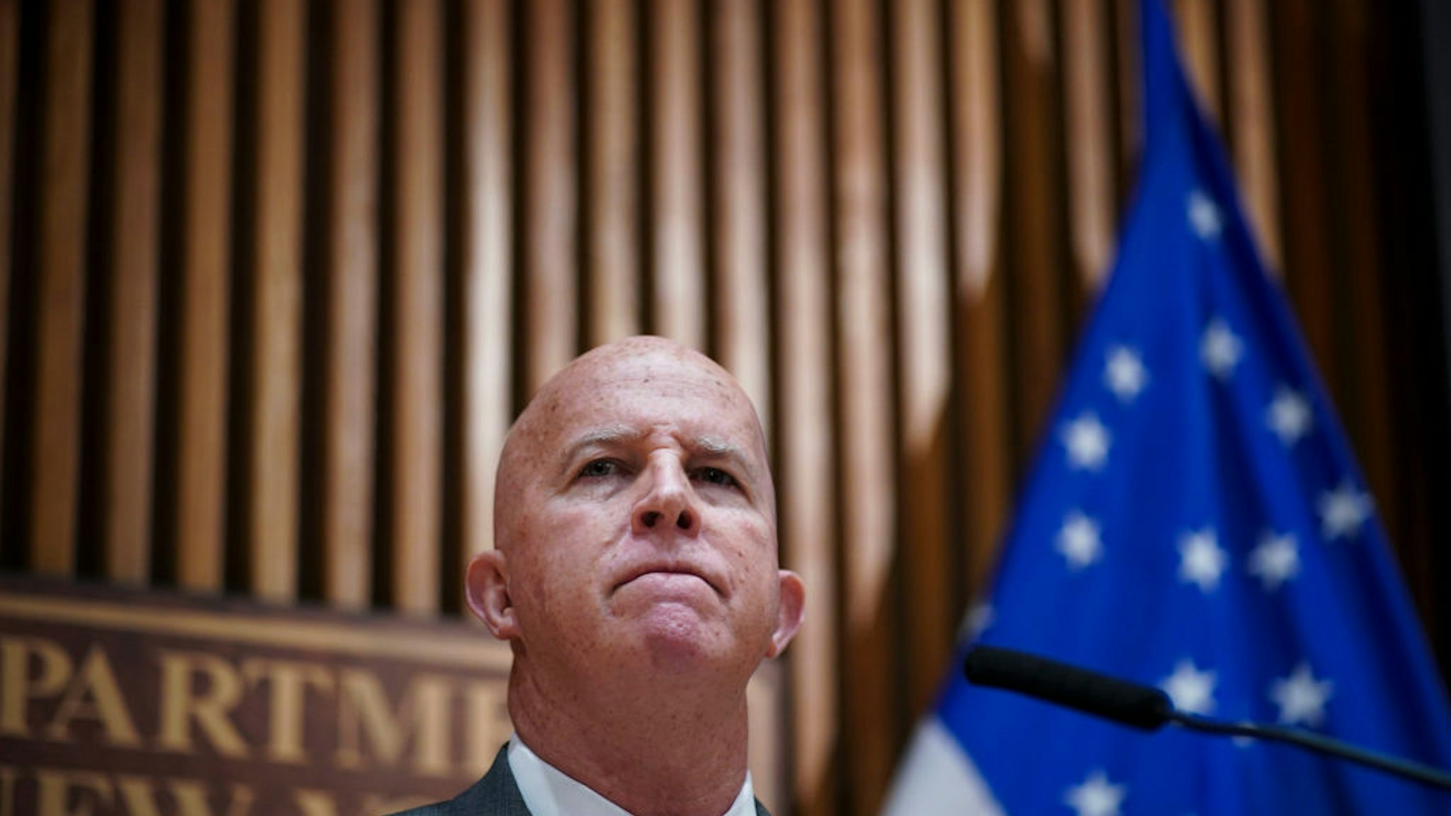 New York City Police Commissioner James O'Neill speaks during a press conference to announce the termination of officer Daniel Pantaleo on August 19, 2019 in New York City. Officer Pantaleo has been fired from the NYPD after his involvement in a chokehold related death of Eric Garner in 2014.