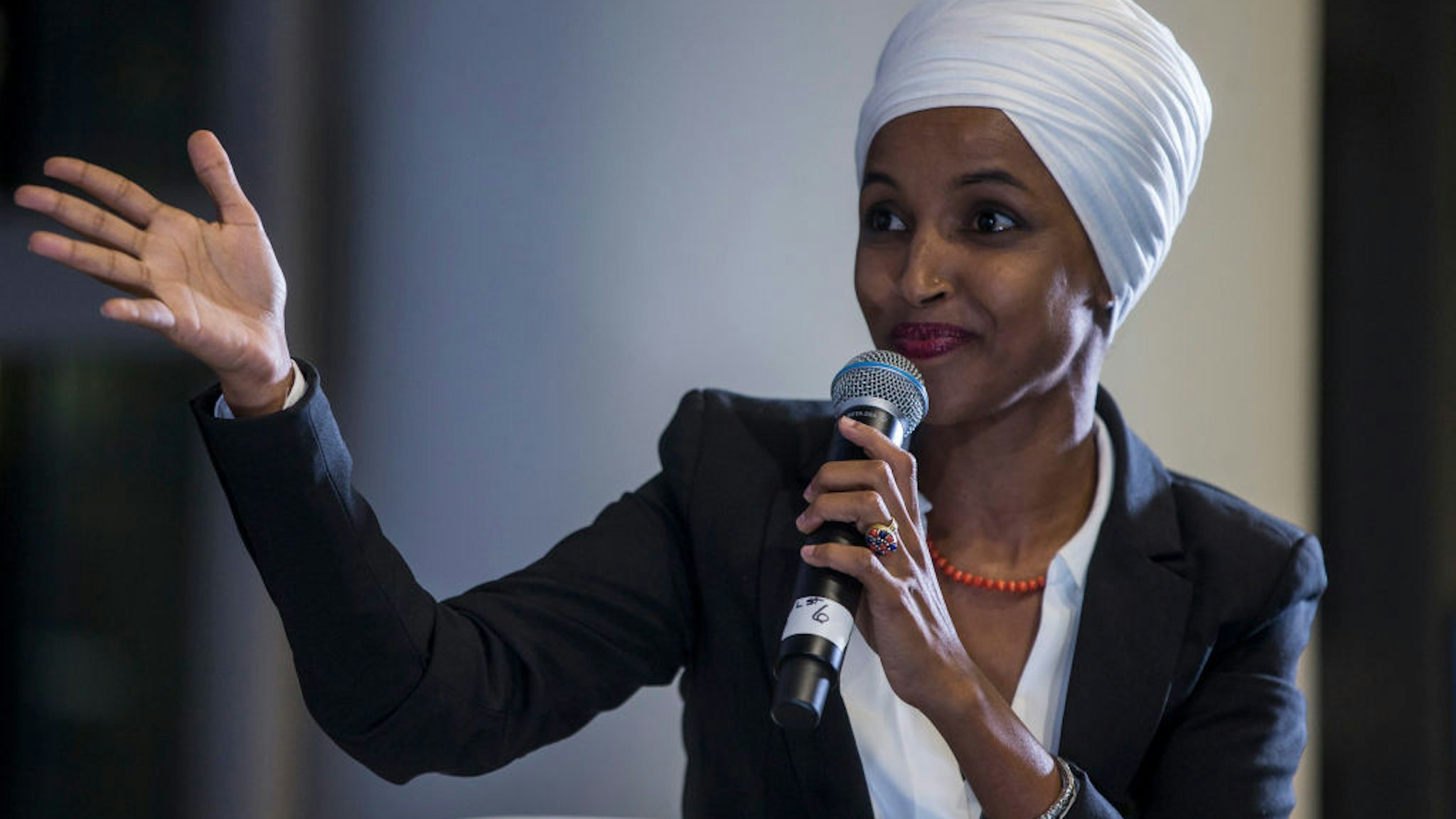 WASHINGTON, DC - SEPTEMBER 11: Rep. Ilhan Omar (D-MN) speaks during a town hall hosted by the NAACP on September 11, 2019 in Washington, DC. The congresswomen talked about their backgrounds and how they were disruptors who “challenged conventional wisdom and assumptions” about how to get elected, among other topics.