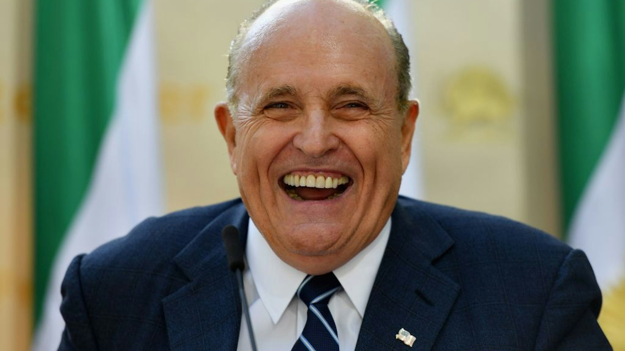 Rudy Giuliani, Former Mayor of New York City speaks to the Organization of Iranian American Communities during their march to urge "recognition of the Iranian people's right for regime change," outside the United Nations Headquarters in New York on September 24, 2019. - They urged recognition of the Iranian people's right for regime change and declared their support for the leader of democratic opposition, Maryam Rajavi.