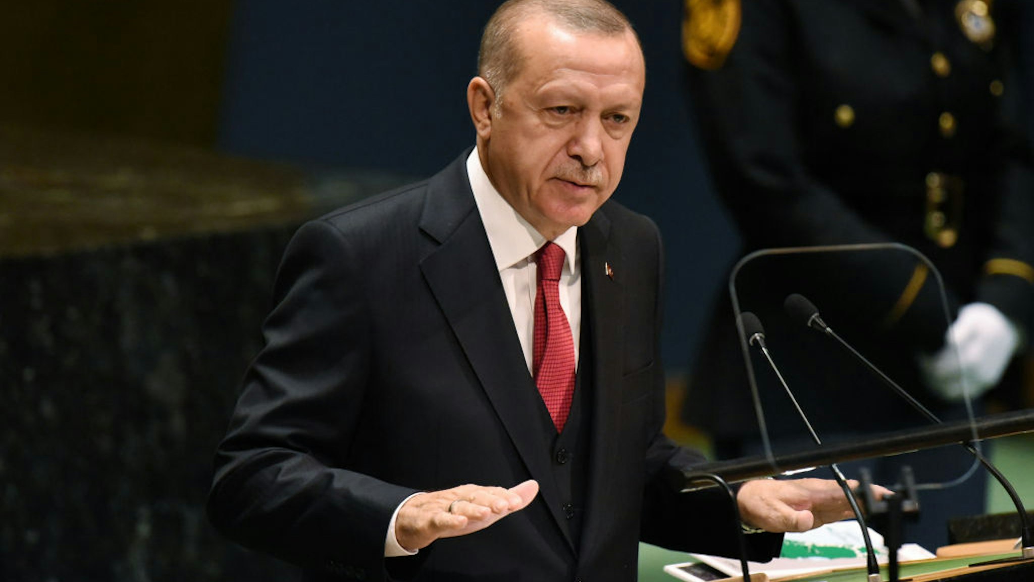 NEW YORK, NY - SEPTEMBER 24: Turkish President Recep Tayyip Erdoan speaks at the United Nations (U.N.) General Assembly on September 24, 2019 in New York City. World leaders are gathered for the 74th session of the UN amid a warning by Secretary-General Antonio Guterres in his address yesterday of the looming risk of a world splitting between the two largest economies - the U.S. and China.