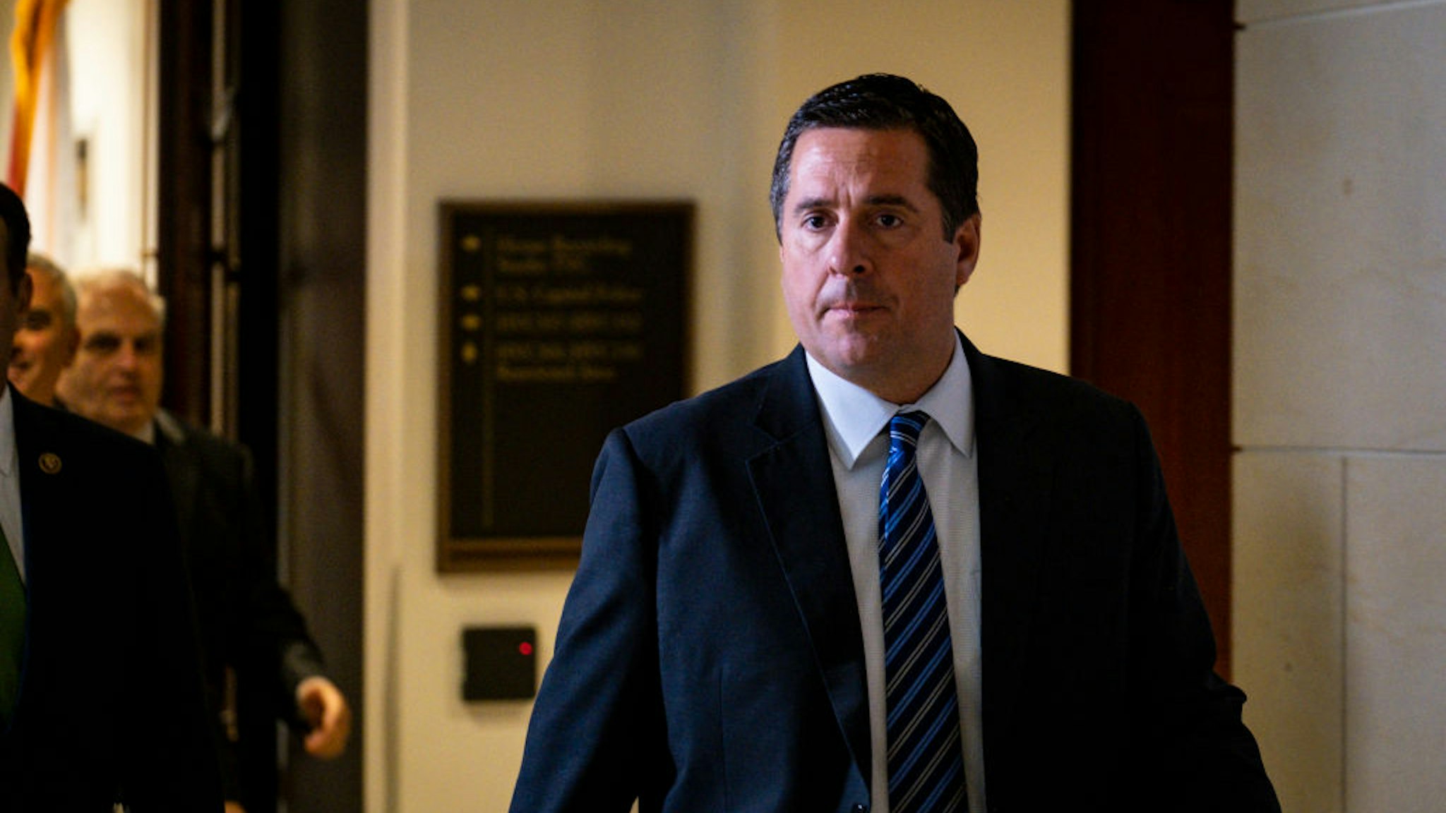 Rep. Devin Nunes (R-CA) walks past the media without comment after leaving a closed door briefing with Intelligence Community Inspector General Michael Atkinson before the House Intelligence Committee on October 4, 2019 in Washington, DC.