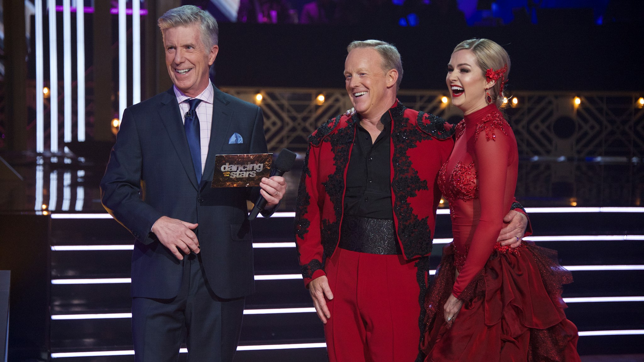 DANCING WITH THE STARS - "Top 10" - It's another week of competition as 10 celebrity and pro-dancer couples compete on the fourth week of the 2019 season of "Dancing with the Stars," live, MONDAY, OCT. 7 (8:00-10:00 p.m. EDT), on ABC. (Eric McCandless via Getty Images) TOM BERGERON, SEAN SPICER, LINDSAY ARNOLD