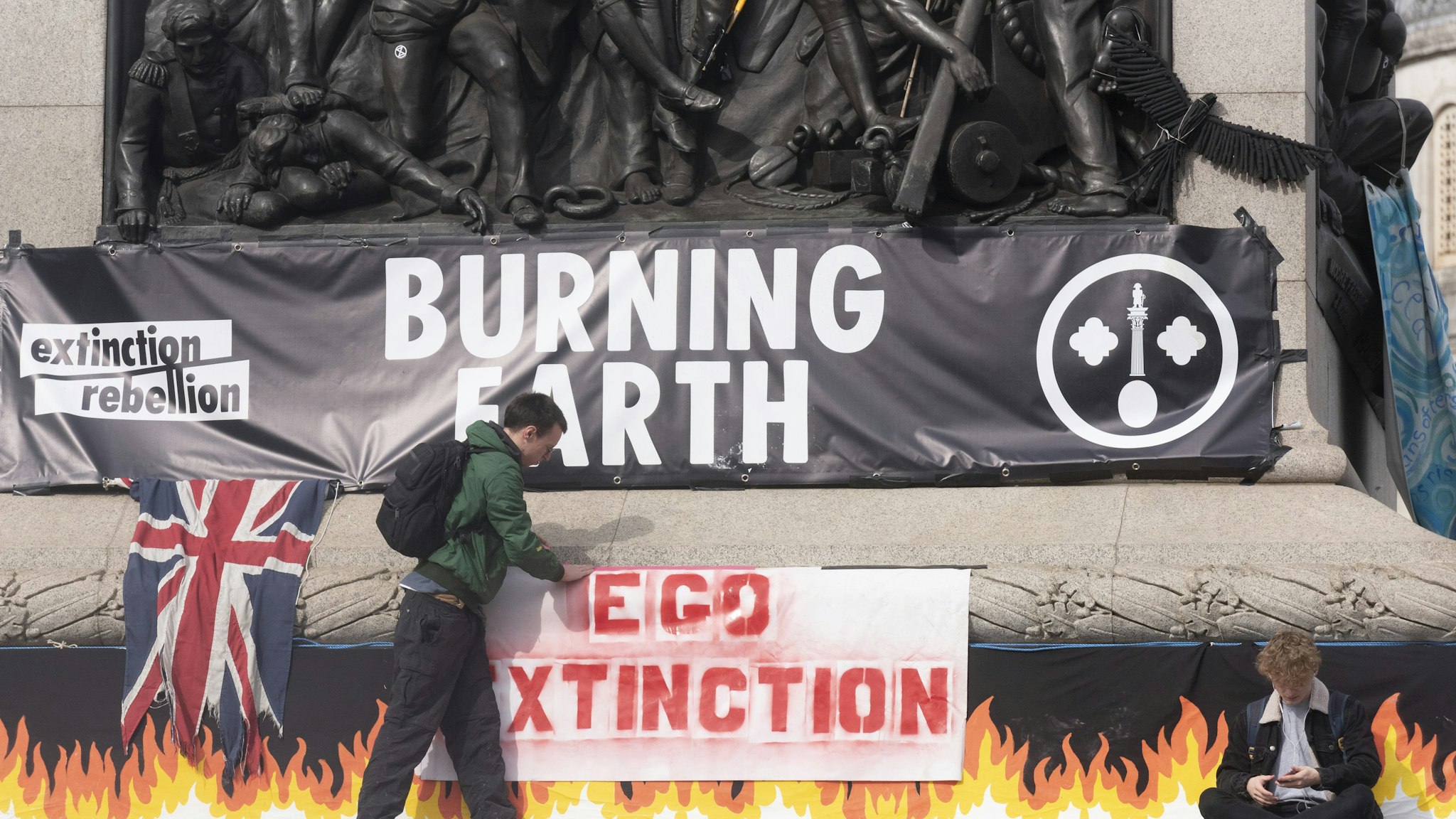 Environmentalist group 'Extinction Rebellion' continues to stage protests in second day occupying central locations including Trafalgar Square, Victoria Street, Parliament Street in London, United Kingdom on October 9, 2019. Metropolitan police cleared a number of locations from protesters by arresting more than 600 of them since yesterday. (Photo by Ray Tang/Anadolu Agency via Getty Images)