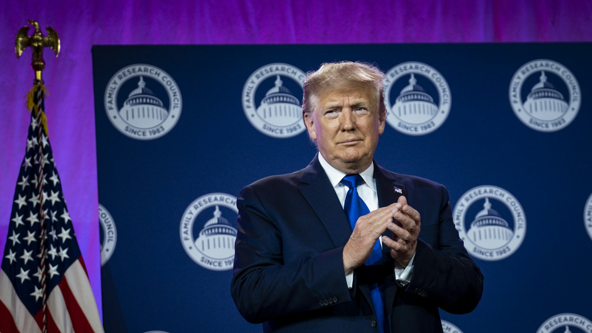 U.S. President Donald Trump prepares to speak at the Values Voter Summit at the Omni Shoreham Hotel in Washington, D.C., U.S., on Saturday, Oct. 12, 2019.