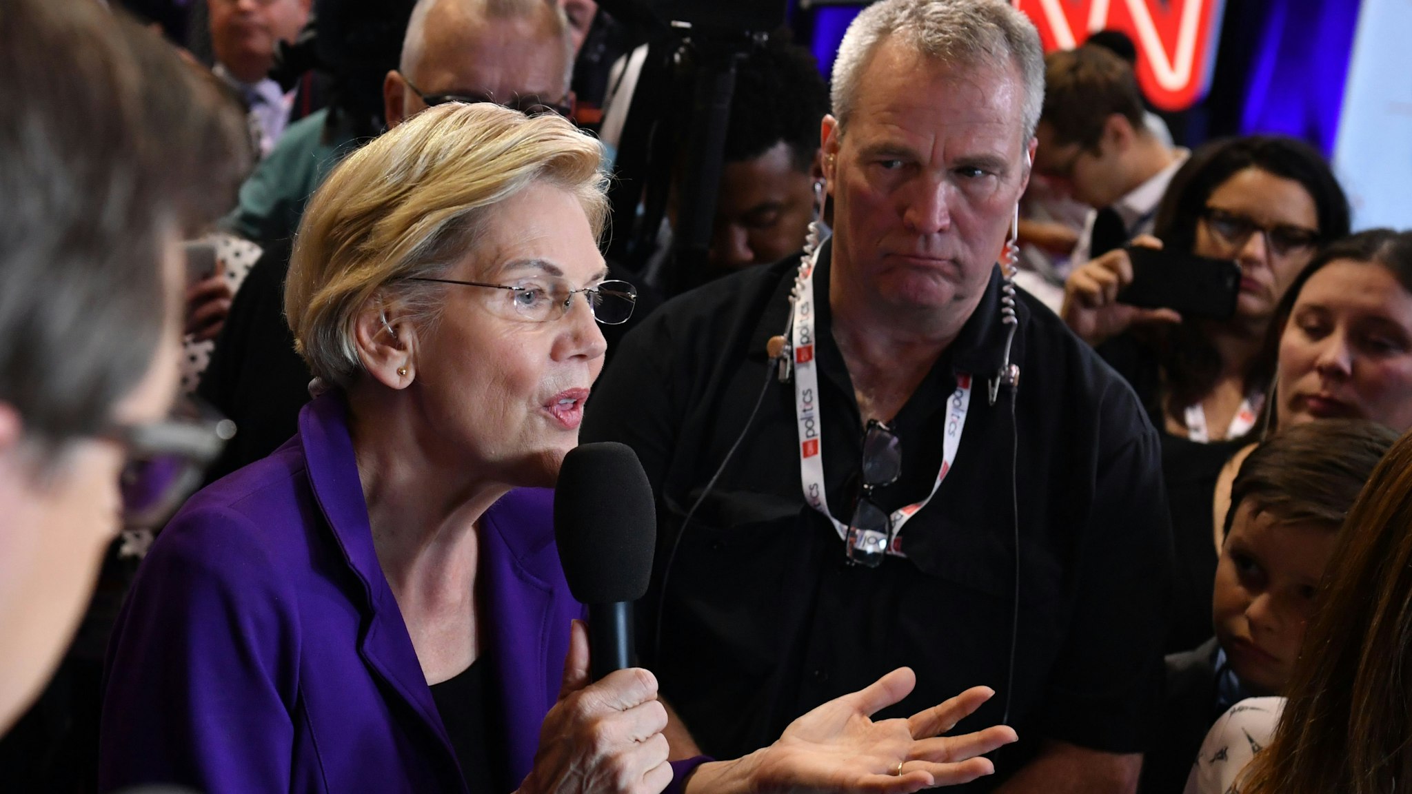 Democratic presidential hopeful Massachusetts Senator Elizabeth Warren speaks to the press in the spin room during the fourth Democratic primary debate of the 2020 presidential campaign season co-hosted by The New York Times and CNN at Otterbein University in Westerville, Ohio on October 15, 2019. (Photo by Nicholas Kamm / AFP) (Photo by NICHOLAS KAMM/AFP via Getty Images)