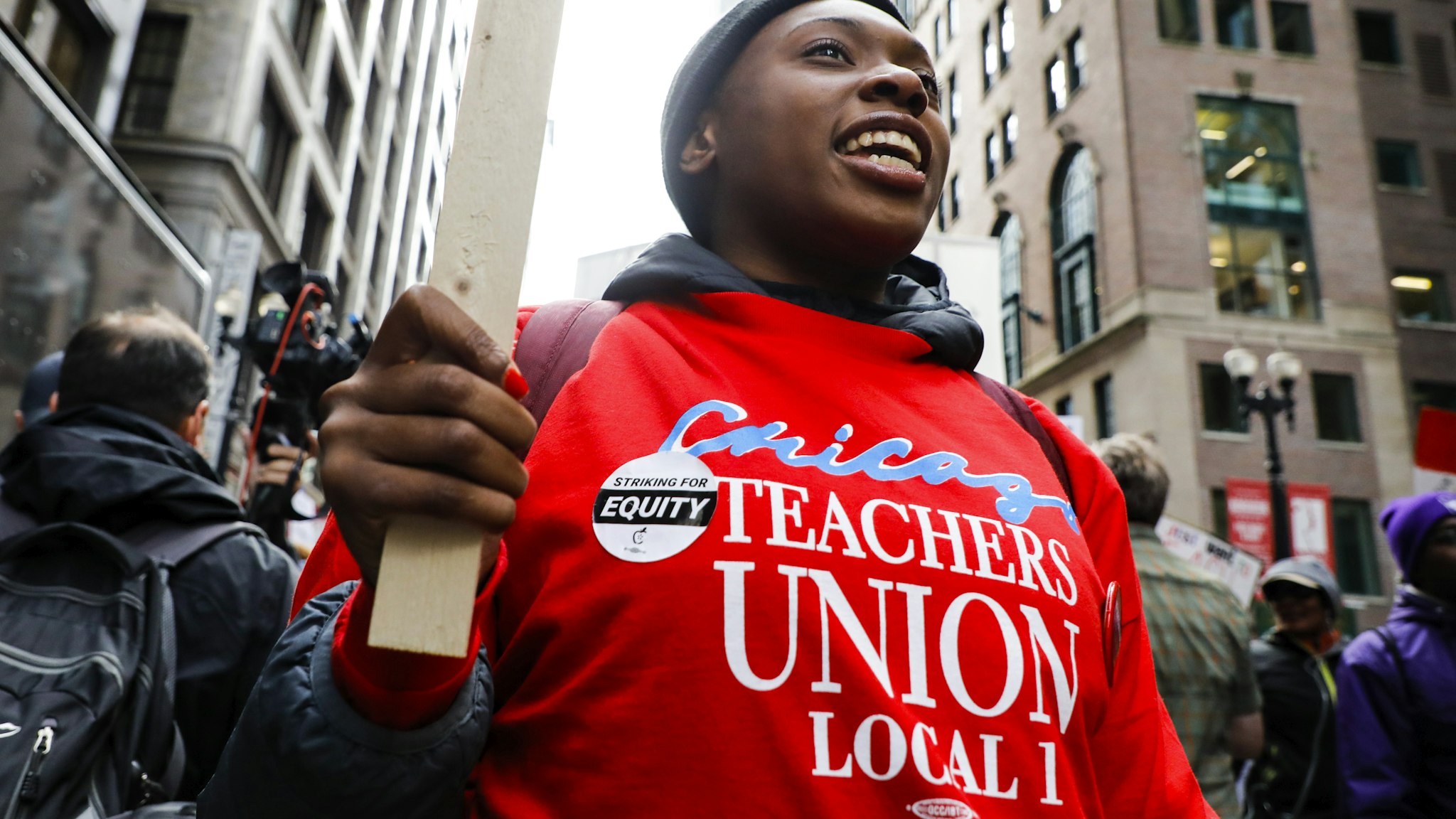 TCHICAGO, Oct. 17, 2019 -- A teacher takes part in the Chicago Teachers' Union strike rally in downtown Chicago, the United States, on Oct. 17, 2019. Thousands of teachers and supporters rally on Thursday after Chicago Teachers' Union failed to make a deal with the municipal government on raising the teachers' salaries. (Photo by Joel Lerner/Xinhua via Getty) (Xinhua/ via Getty Images)