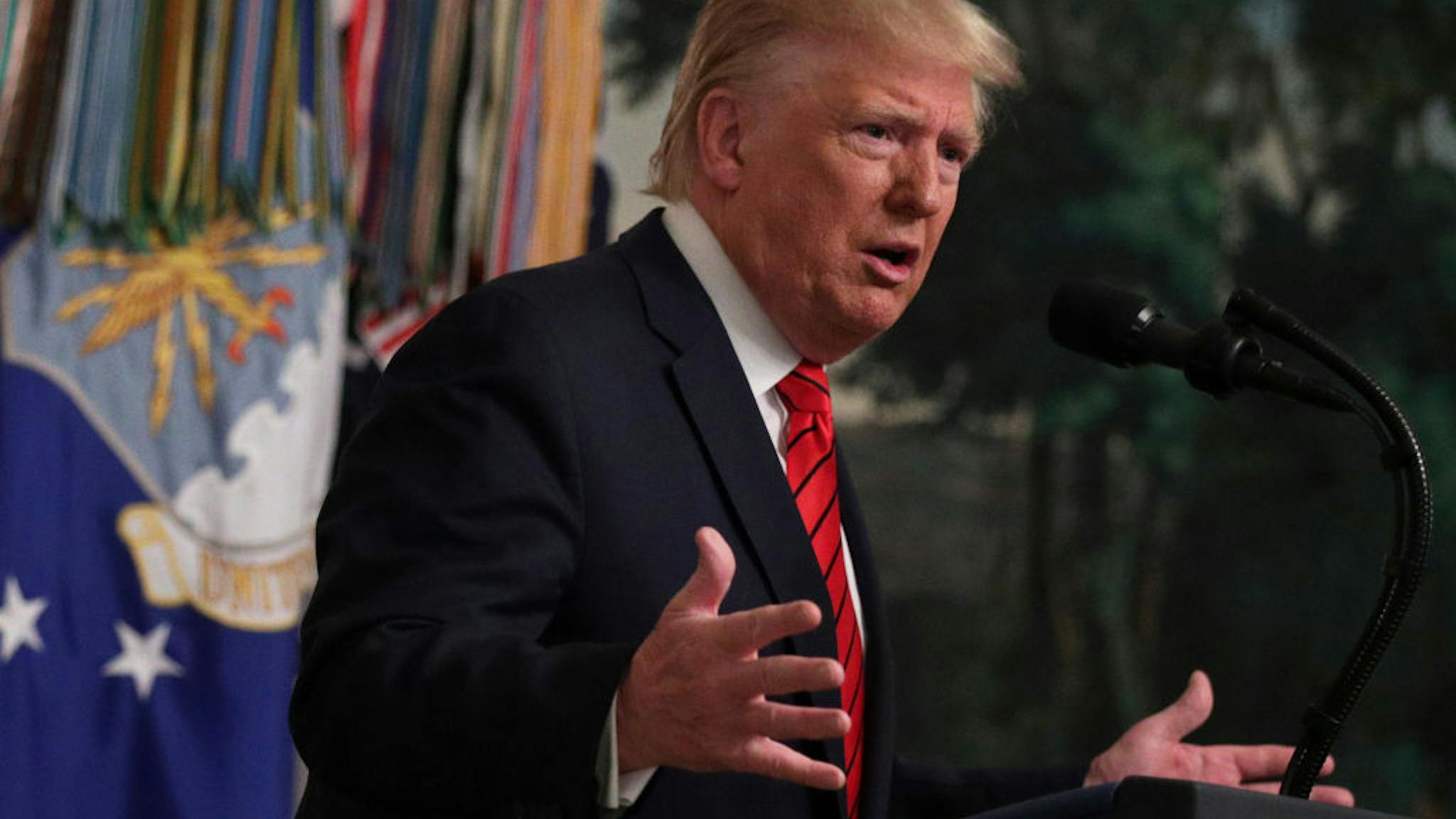 President Trump U.S. President Donald Trump makes a statement in the Diplomatic Reception Room of the White House October 27, 2019 in Washington, DC.