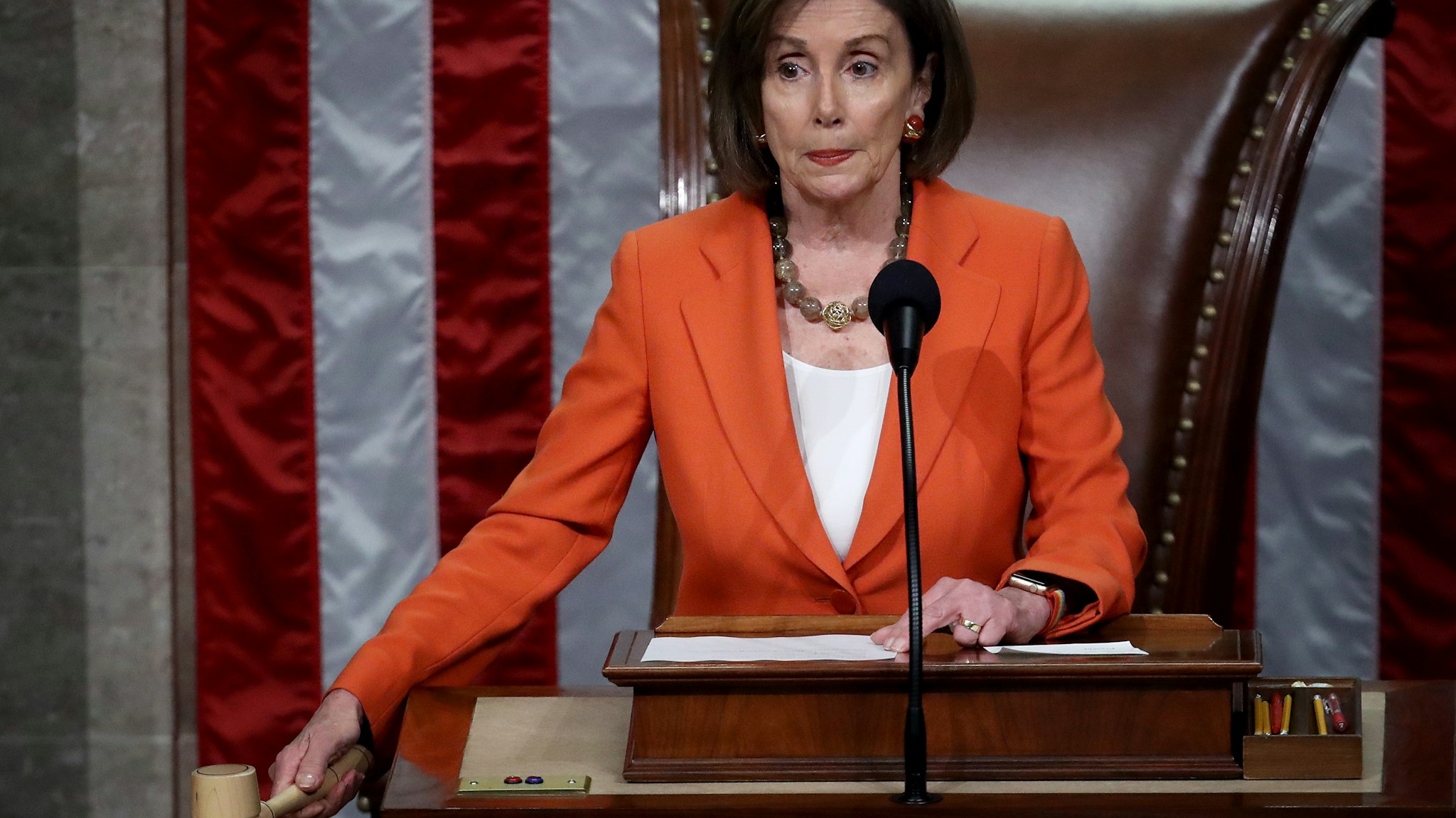 Speaker of the House Nancy Pelosi (D-CA) gavels the close of a vote by the U.S. House of Representatives on a resolution formalizing the impeachment inquiry centered on U.S. President Donald Trump October 31, 2019 in Washington, DC. The resolution, passed by a vote of 232-196, creates the legal framework for public hearings, procedures for the White House to respond to evidence and the process for consideration of future articles of impeachment by the full House of Representatives. (Photo by Win McNamee/Getty Images)