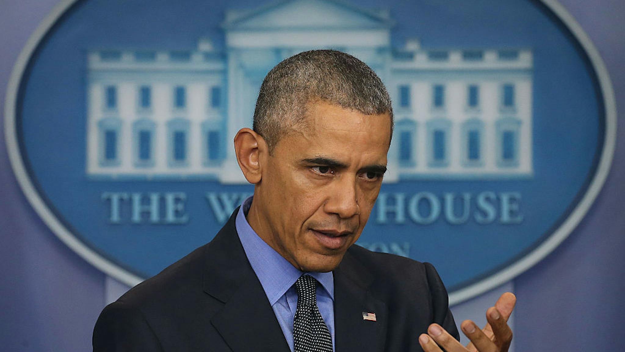 President Obama Holds Press Conference At White House U.S. President Barack Obama speaks to the media at his year end press conference in the Brady Briefing Room at the White House December 18, 2015 in Washington, DC. Later today President Obama will travel to San Bernardino, California, to meet with families of the 14 victims of the recent mass shooting, before heading to Hawaii for Christmas vacation and return on January 3, 2016.