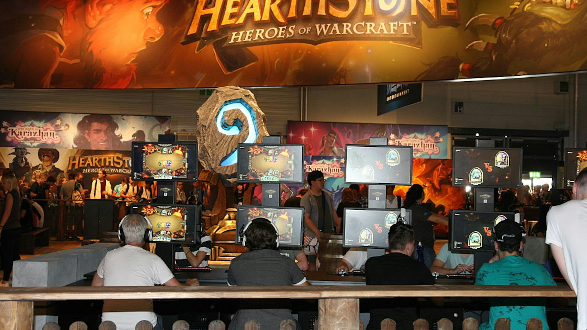 Visitors playing the Game Hearthstone Heroes of Warcraft at the Gamescom fair. Gamescom the Worlds largest Gaming Fair.