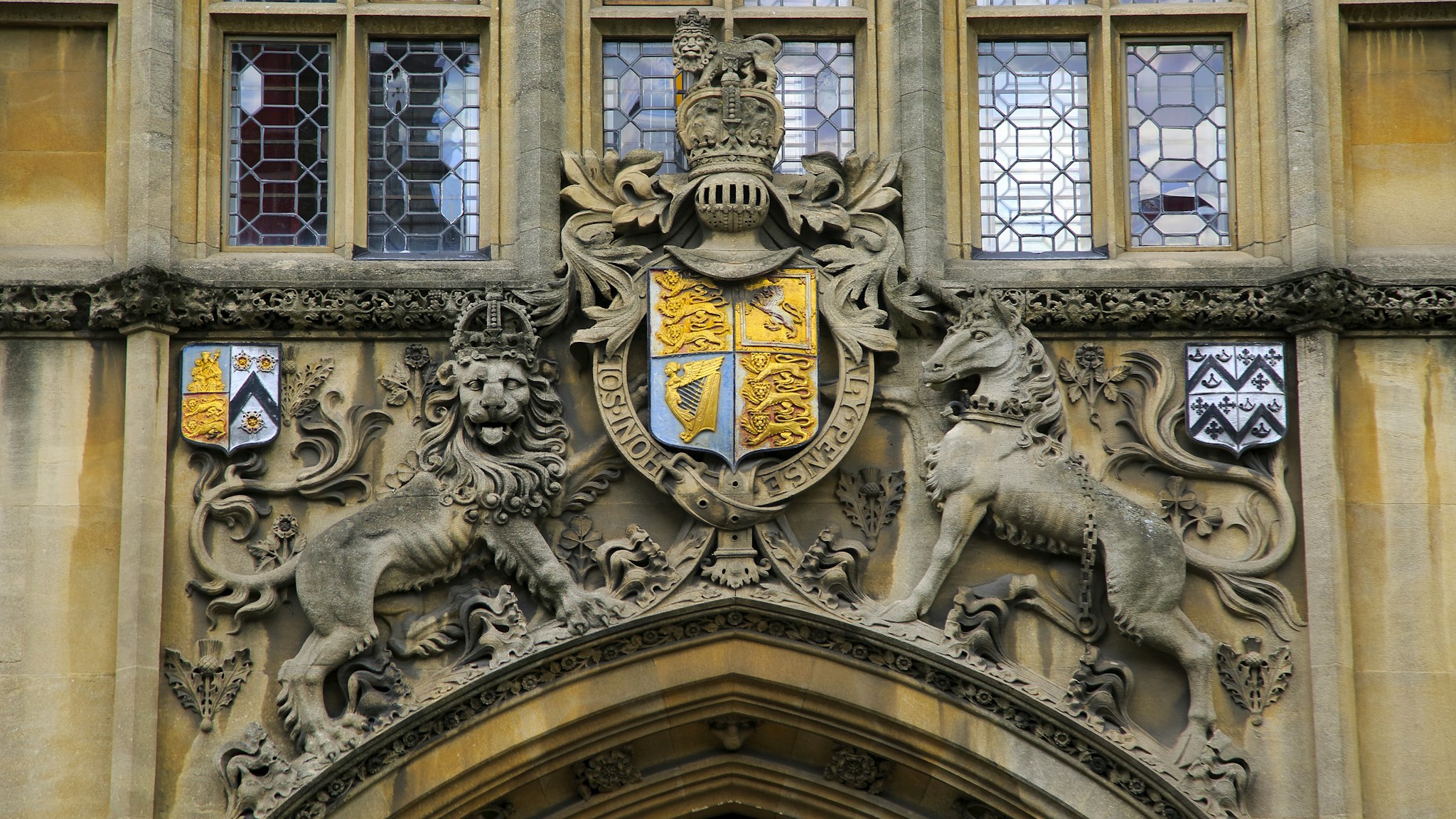 Heraldic emblems over entrance to Brasenose College building frontage University of Oxford, England, UK. (Photo by: Geography Photos/Universal Images Group via Getty Images)