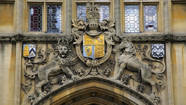 Heraldic emblems over entrance to Brasenose College building frontage University of Oxford, England, UK. (Photo by: Geography Photos/Universal Images Group via Getty Images)
