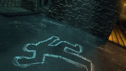 Chalk outline of body Chalk outline of body of victim on pavement - stock photo