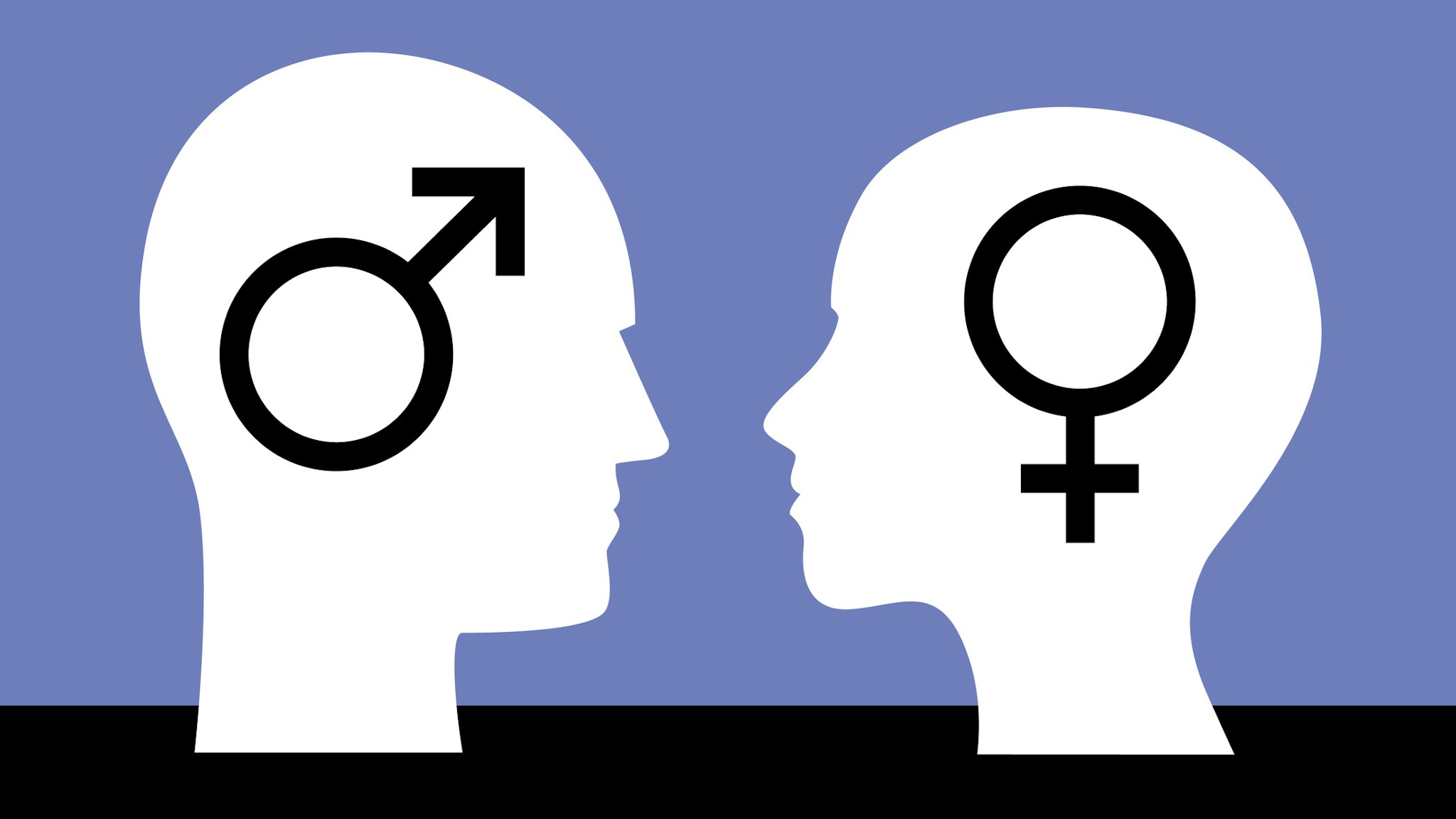 Vector illustration of male a male an female head facing each other with gender symbols on them.