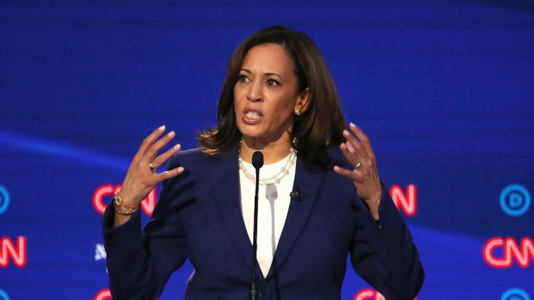 WESTERVILLE, OHIO - OCTOBER 15: Sen. Kamala Harris (D-CA) speaks during the Democratic Presidential Debate at Otterbein University on October 15, 2019 in Westerville, Ohio. A record 12 presidential hopefuls are participating in the debate hosted by CNN and The New York Times.