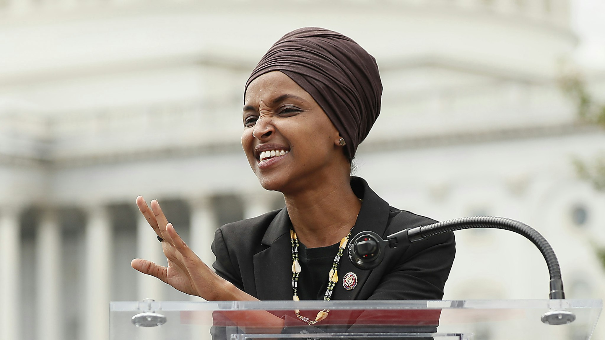 Rep. Ilhan Omar (D-MN) speaks at the “Impeachment Now!” rally in support of an immediate inquiry towards articles of impeachment against U.S. President Donald Trump on the grounds of the U.S. Capital on September 26, 2019in Washington, DC.