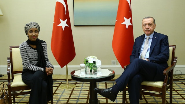 Turkish President Recep Tayyip Erdogan (R) meets Minnesota State Representative Ilhan Omar (L) in United States ahead of the 72nd session of the United Nations General Assembly as well as to pay a number of varied visits.