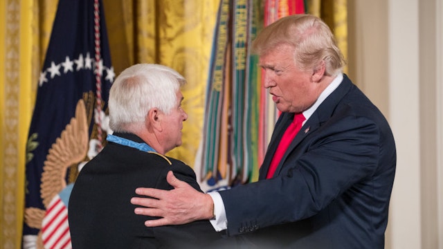 (L-R): former Specialist Five James C. McCloughan, U.S. Army was presented the Medal of Honor, by President Donald Trump, in the East Room of the White House, on Monday, July 31, 2017. McCloughan received the Medal of Honor for distinguished actions during 48 hours of close-combat fighting against enemy forces near Don Que, Vietnam, from May 13 to 15, 1969. (Photo by Cheriss May) (Photo by Cheriss May/NurPhoto)