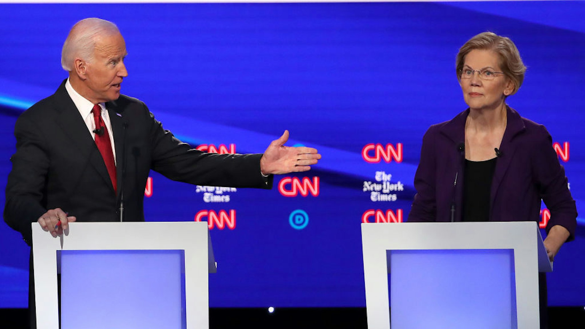 Former Vice President Joe Biden challenges Sen. Elizabeth Warren (D-MA) during the Democratic Presidential Debate at Otterbein University on October 15, 2019 in Westerville, Ohio. A record 12 presidential hopefuls are participating in the debate hosted by CNN and The New York Times. (Photo by Win McNamee/Getty Images)