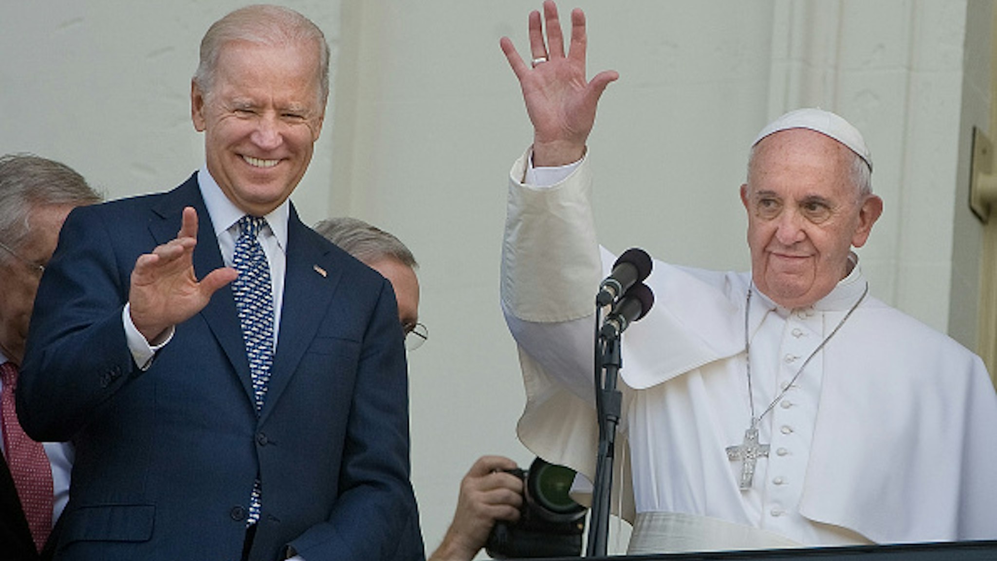 WASHINGTON D.C., CA - SEPTEMBER 24: Pope Francis is joined by Vice President Joseph Biden after addressing Congress on his first U.S. visit.