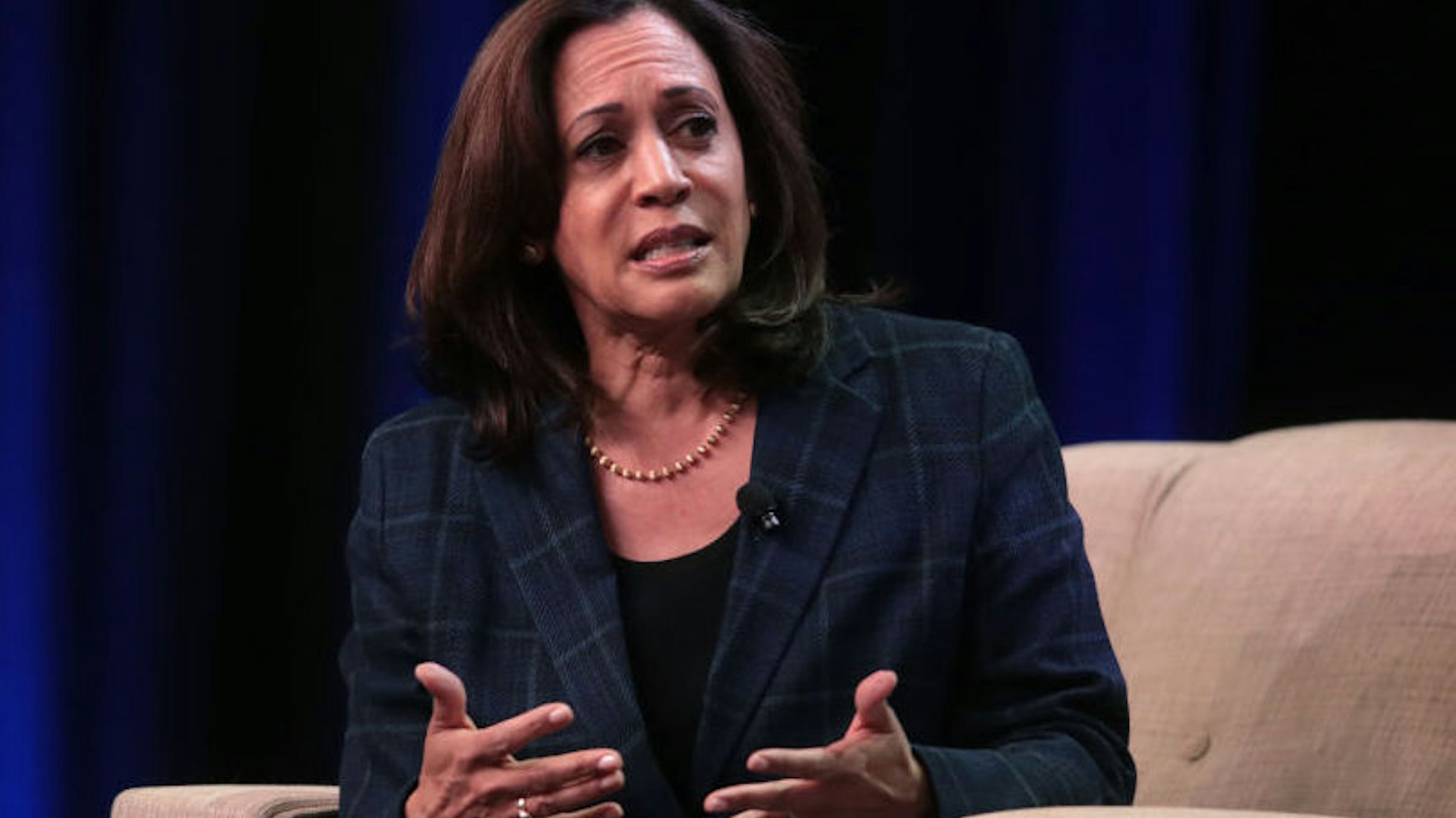 ALTOONA, IOWA - OCTOBER 13: Democratic presidential candidate Sen. Kamala Harris (D-CA) speaks to guests at the United Food and Commercial Workers' (UFCW) 2020 presidential candidate forum on October 13, 2019 in Altoona, Iowa. With 1.3 million members the UFCW is America's largest private sector union. The 2020 Iowa Democratic caucuses will take place on February 3, 2020, making it the first nominating contest in the Democratic Party presidential primaries