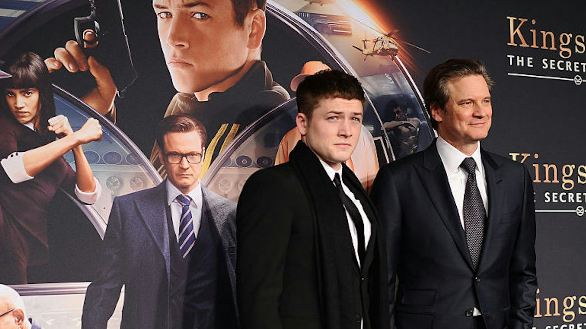 Taron Egerton (L) and Colin Firth attend the "Kingsman: The Secret Service" New York premiere at SVA Theater on February 9, 2015 in New York City.