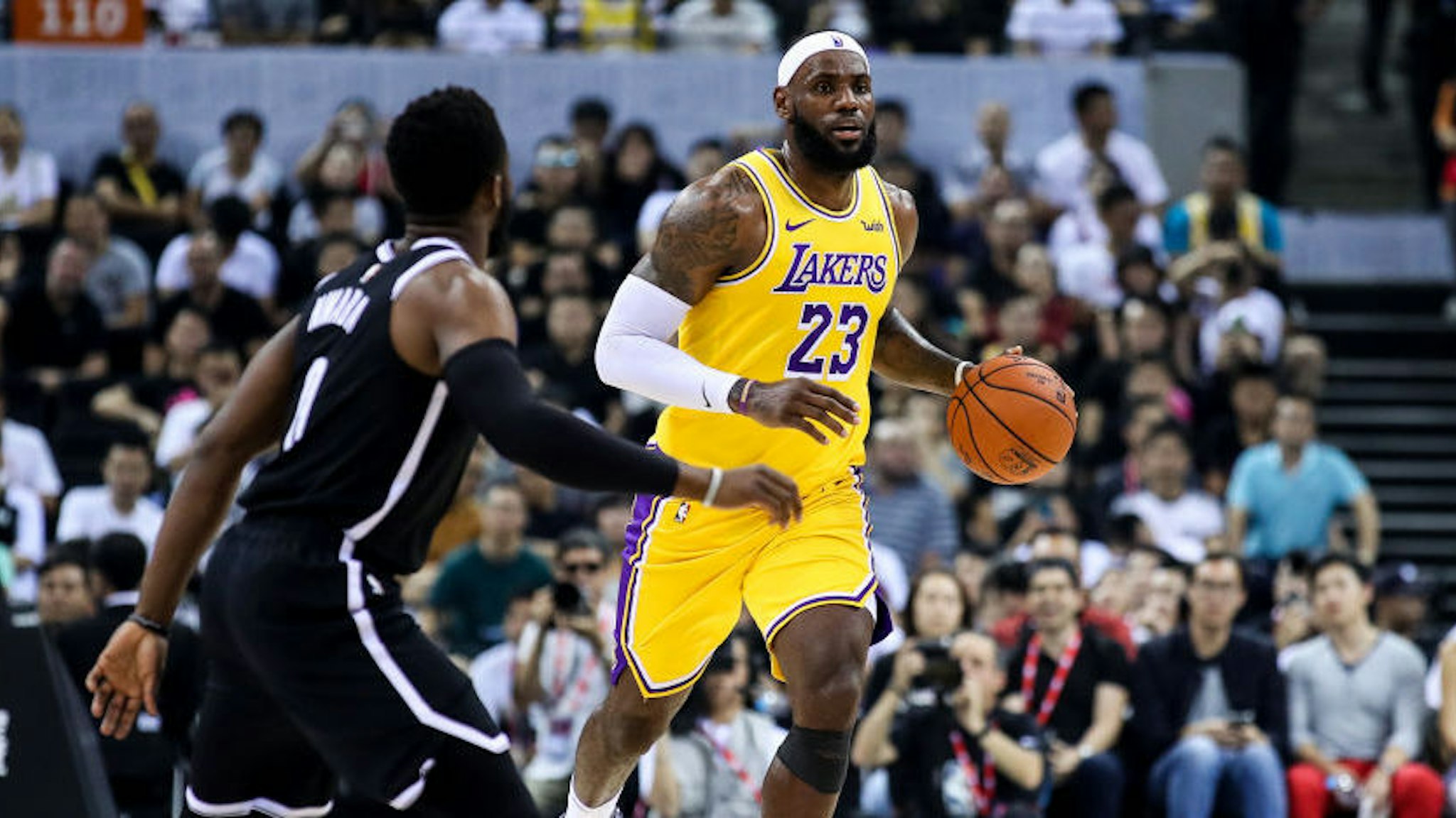 #23 LeBron James of Los Angeles Lakers drives the ball during NBA China Games 2019 between Los Angeles Lakers and Brooklyn Nets at Shenzhen Universiade Center on October 12, 2019 in Shenzhen, China. NOTE TO USER: User expressly acknowledges and agrees that, by downloading and/or using this photograph, user is consenting to the terms and conditions of the Getty Images License Agreement. (Photo by Zhizhao Wu/Getty Images)