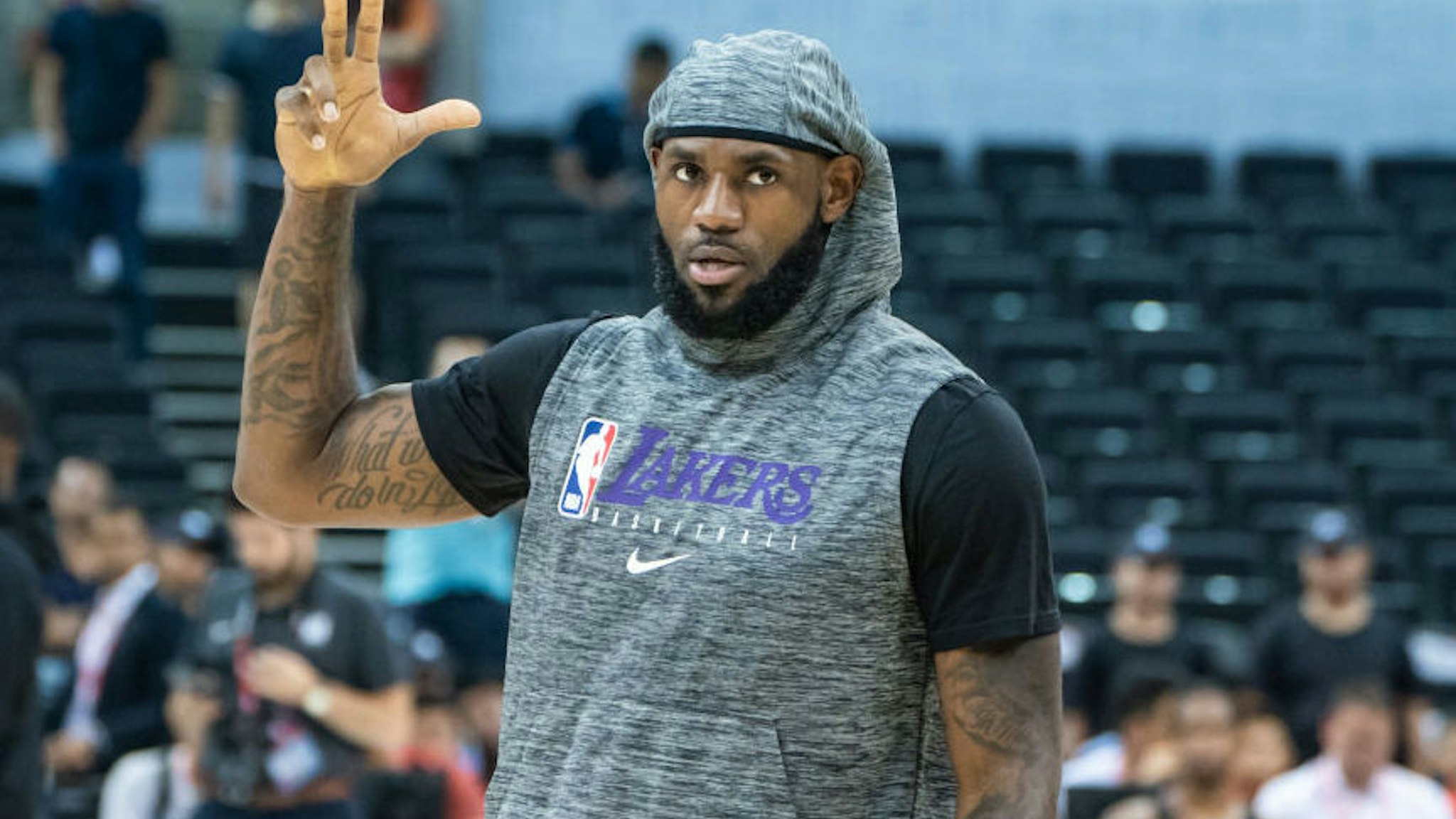 SHENZHEN, CHINA - OCTOBER 12: LeBorn James of Los Angeles Lakers reacts during Los Angeles Lakers v Brooklyn Nets at Shenzhen Universiade Center on October 12, 2019 in Shenzhen, China. NOTE TO USER: User expressly acknowledges and agrees that, by downloading and/or using this photograph, user is consenting to the terms and conditions of the Getty Images License Agreement.