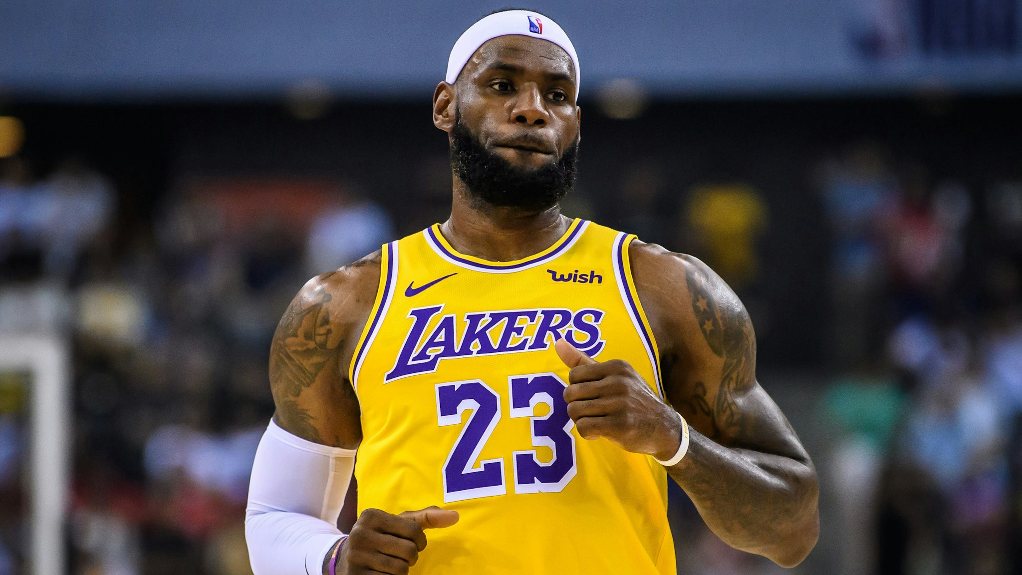 #23 Lebron James of the Los Angeles Lakers reacts during a preseason game as part of 2019 NBA Global Games China at Shenzhen Universiade Center on October 12, 2019 in Shenzhen, Guangdong, China.
